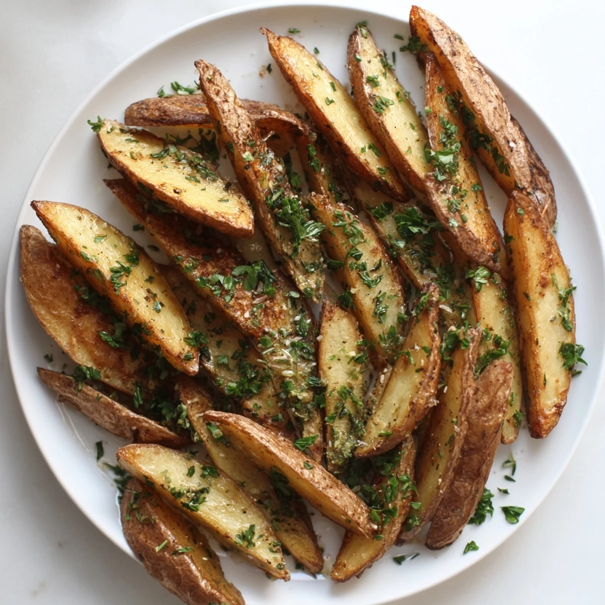 Homemade crispy potato wedges tossed with garlic and rosemary, ready to enjoy as a snack.