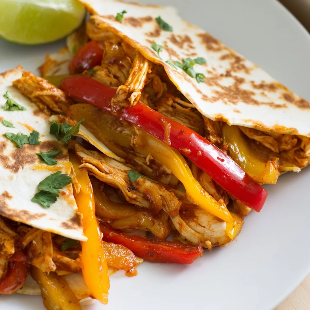 Golden brown Chicken Quesadillas with Peppers, melted cheese oozing from a wedge served with sour cream and salsa.
