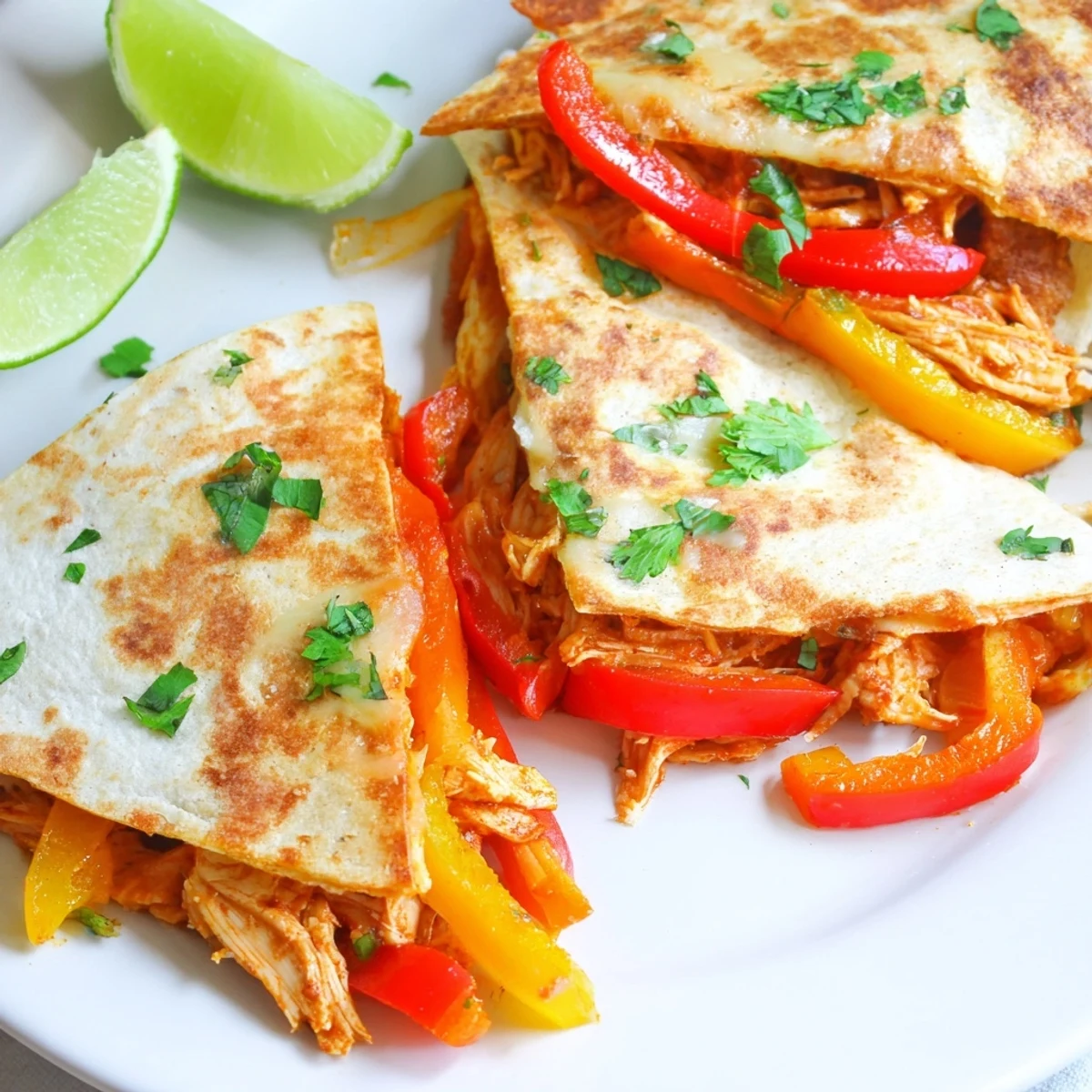 Sautéed peppers and onions mix with seasoned chicken inside crispy Chicken Quesadillas with Peppers for a quick dinner.