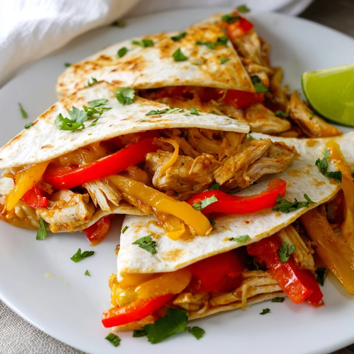 Freshly cooked Chicken Quesadillas with Peppers, cut into wedges on a plate with cilantro and lime wedges.