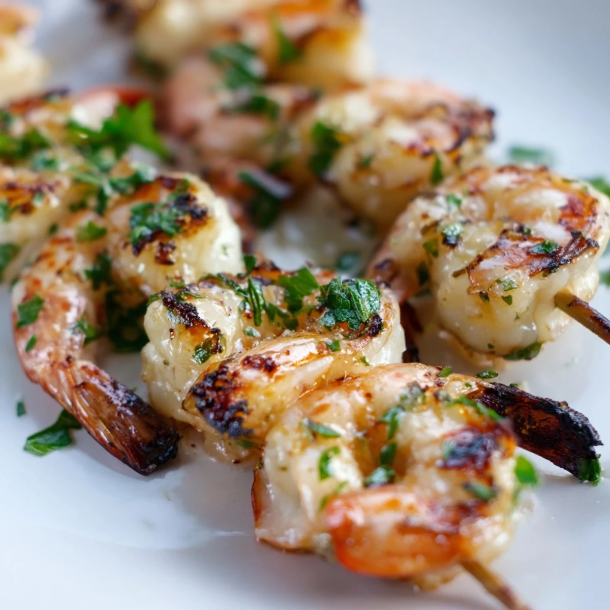 Sizzling Lemon Garlic Shrimp Skewers on a grill with aromatic garlic and bright lemon, glistening with olive oil and herbs.  