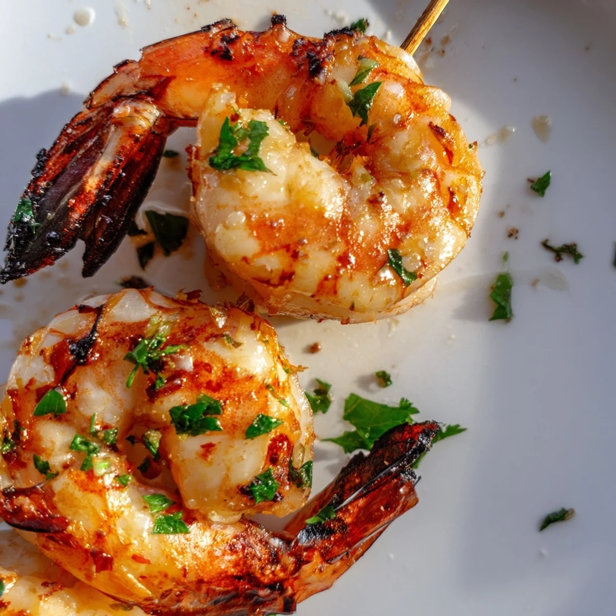 Golden grilled Lemon Garlic Shrimp Skewers served with fresh parsley and lemon wedges, perfect for a light, flavorful summer appetizer.  