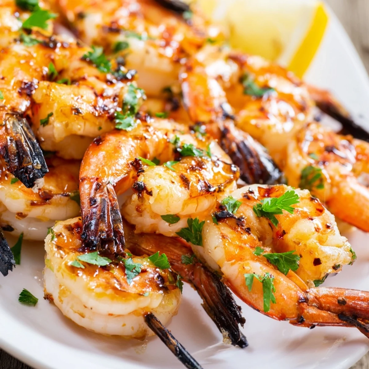 Juicy Lemon Garlic Shrimp Skewers threaded onto skewers, charred at the edges, ready to be enjoyed over a crisp green salad.