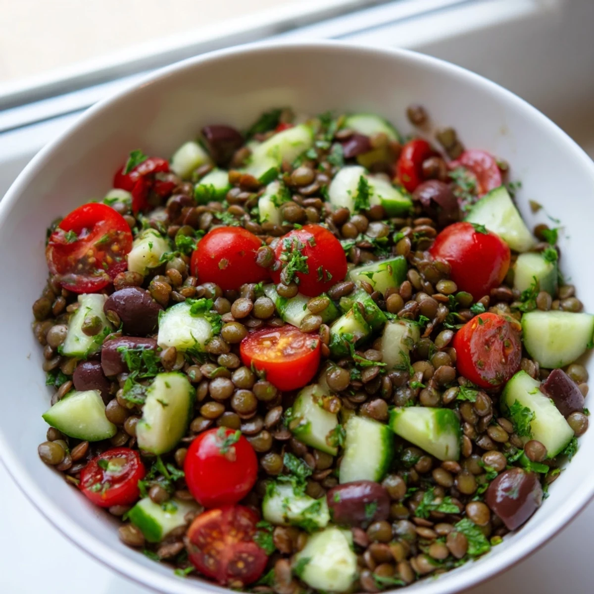 A close-up of Mediterranean Lentil Salad, with glistening green lentils, diced cucumbers, cherry tomatoes, and olives in a bright bowl.