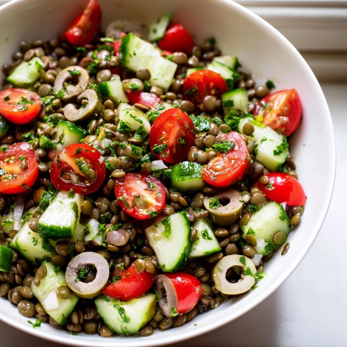 In a rustic white bowl, Mediterranean Lentil Salad is garnished with fresh parsley and a light lemon vinaigrette drizzle.