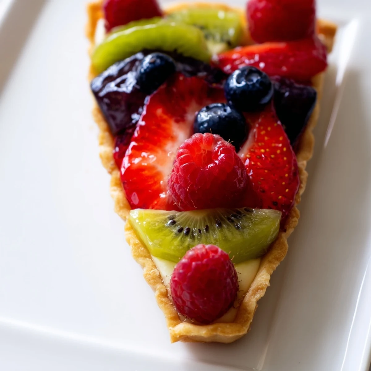 A single slice of Love Letter Fruit Tart reveals silky vanilla cream beneath glossy fruit glaze, served on a white plate with a glass of Moscato nearby.  