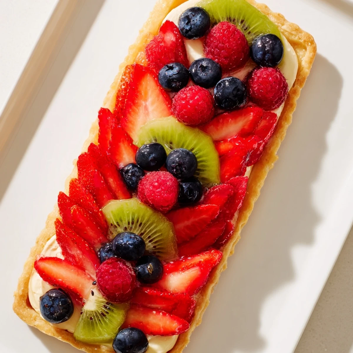 Freshly baked Love Letter Fruit Tart showcases a crisp pastry rectangle topped with vibrant red berries and kiwi slices arranged like an envelope flap, resting on a marble counter.  