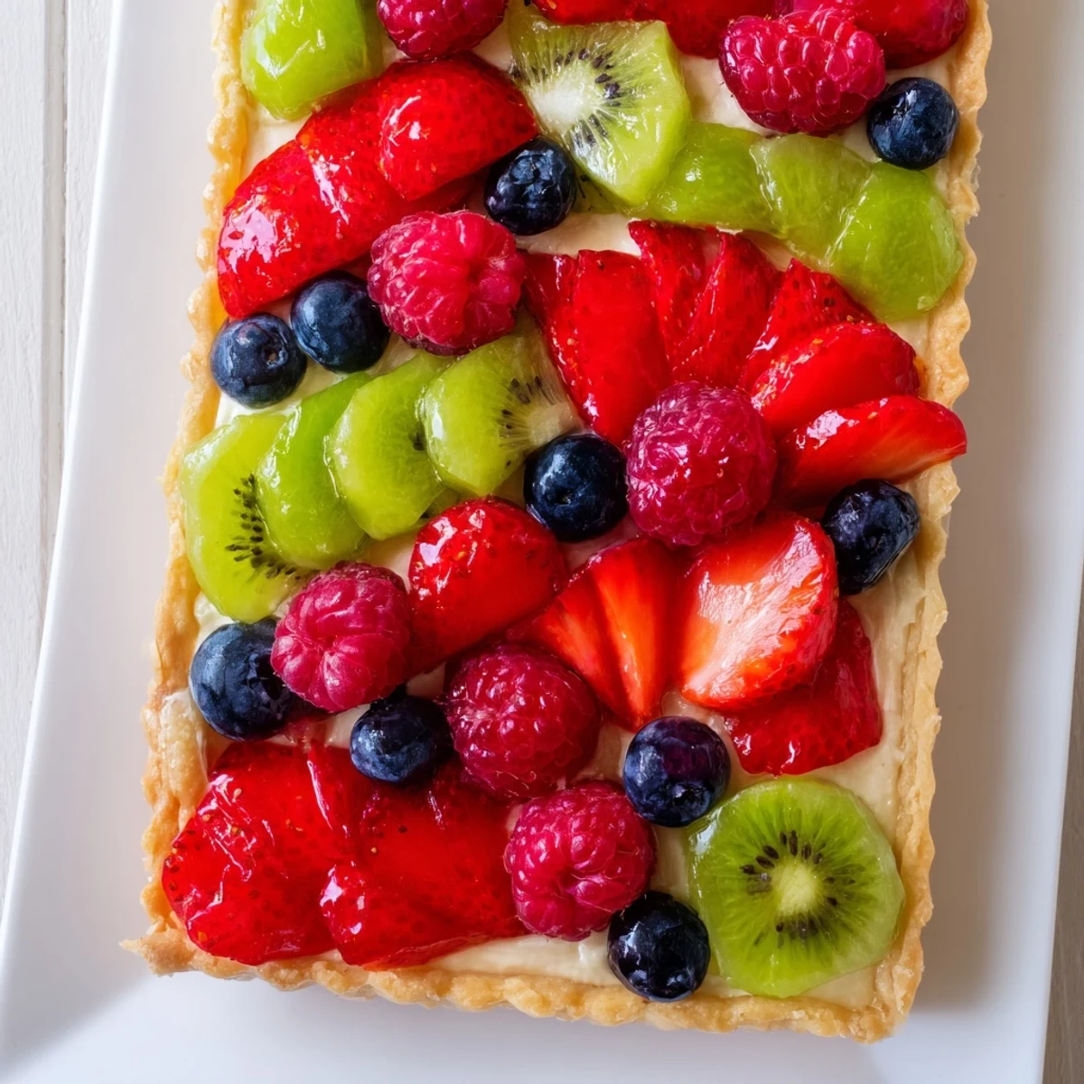 Overhead view of Love Letter Fruit Tart with assorted berries and sliced kiwi forming a heart shape, brushed with apricot glaze for a shiny, inviting finish.