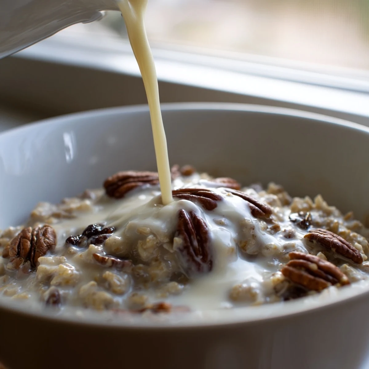 Steaming bowl of Irish Oatmeal with Whiskey-Free Cream, topped with brown sugar and toasted pecans.