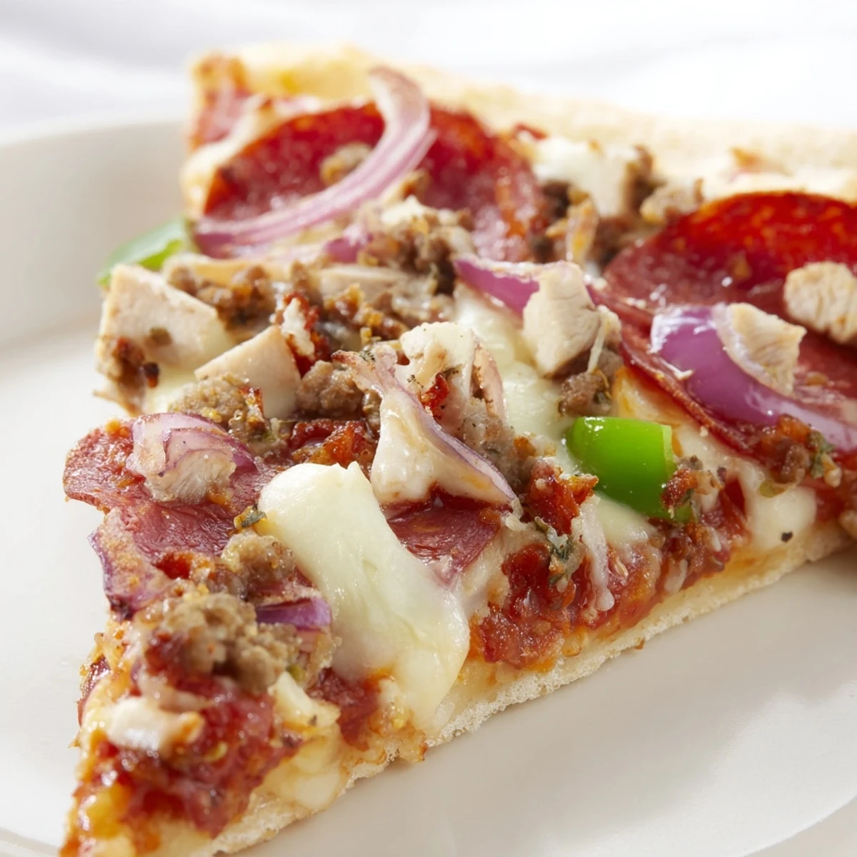 A close-up of a slice of MVP Meat Lover Pizza being pulled away, stretching gooey cheese over toppings of turkey bacon and peppers.