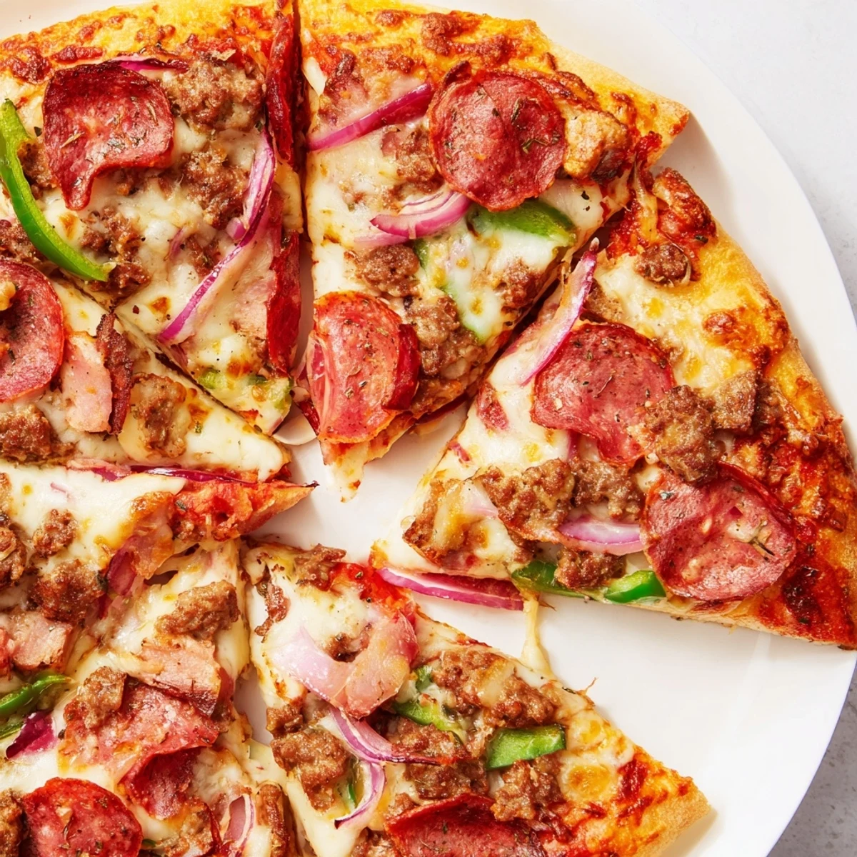 Homemade MVP Meat Lover Pizza on a wooden cutting board, served with a salad and ready for a family dinner.