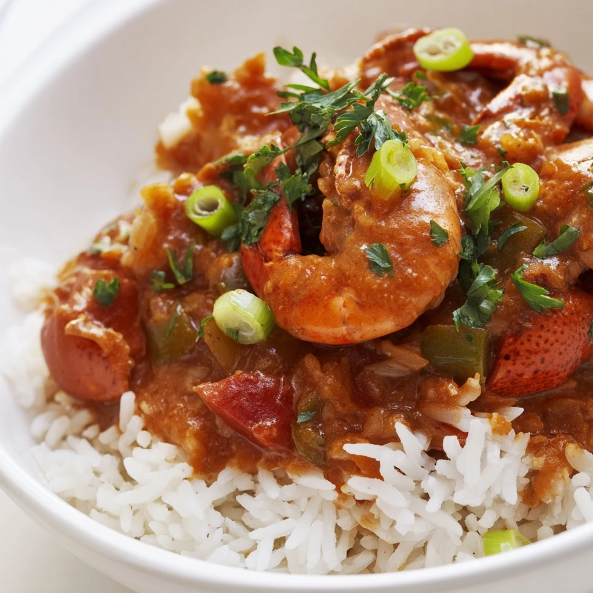 Crawfish Étouffée with Fluffy Rice served in a white bowl, featuring tender crawfish tails smothered in a rich, red Creole sauce beside a mound of steamed rice.