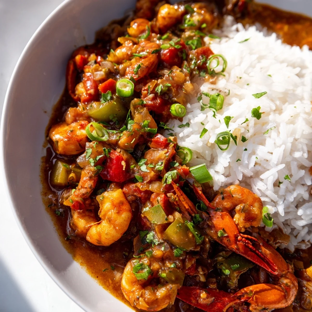 A close-up of Louisiana Crawfish Étouffée ladled over fluffy white rice, garnished with fresh green onions and parsley on a rustic wooden table.