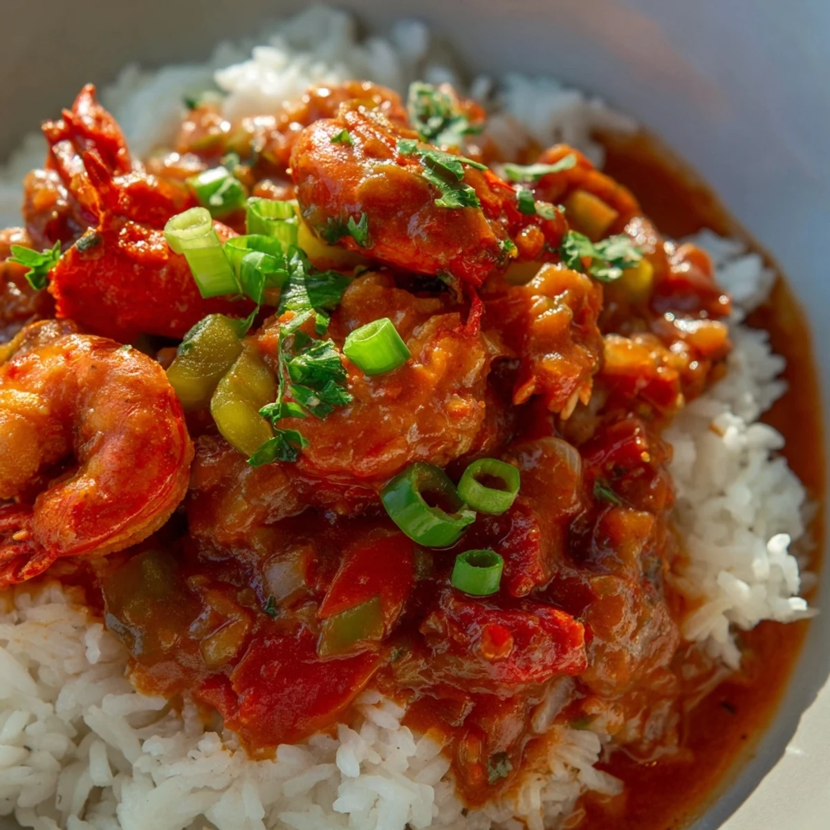 Southern Crawfish Étouffée with Fluffy Rice steaming in a skillet, revealing tender seafood in a thick, spicy roux sauce ready for dinner.