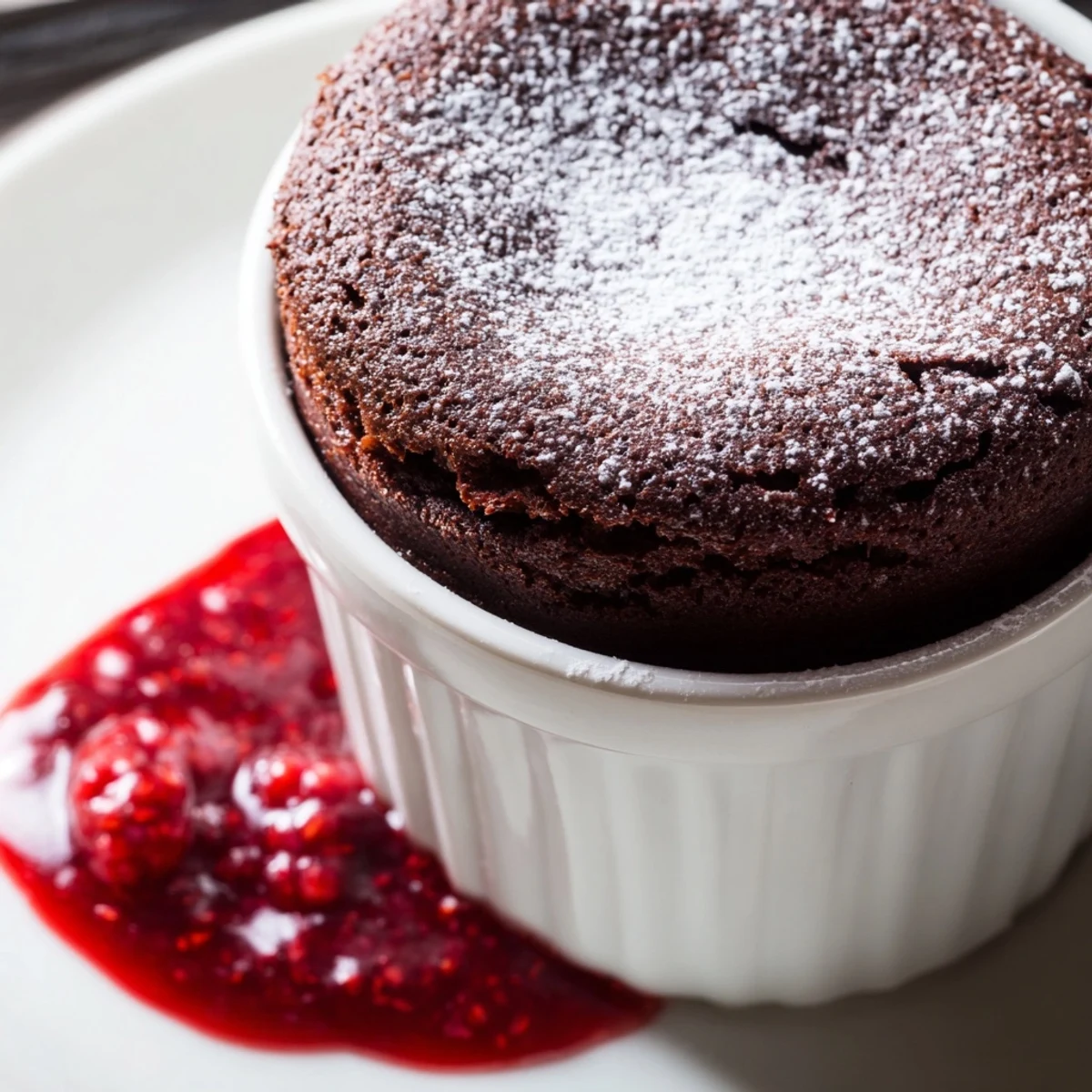 A rich chocolate soufflé next to a glass of raspberry sauce on a white ceramic plate.