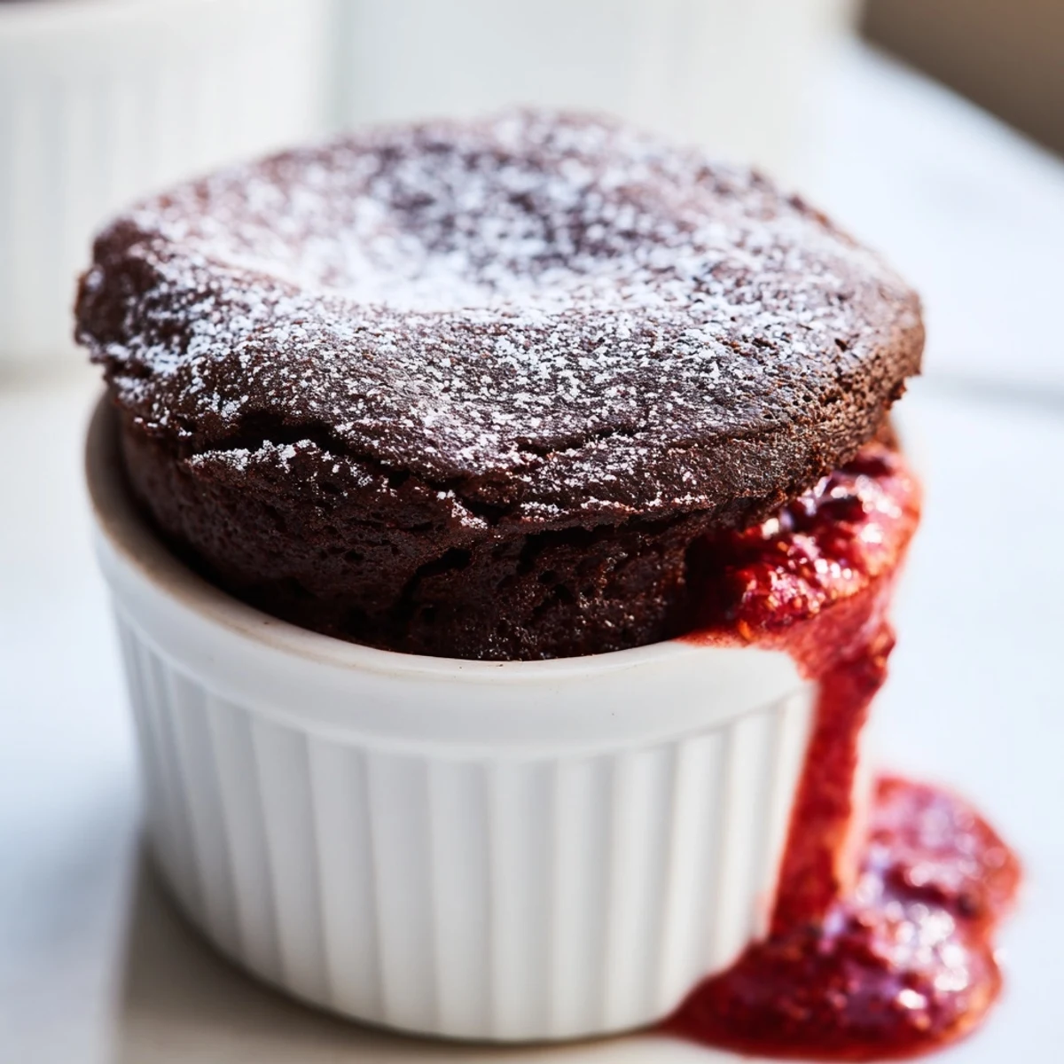 Freshly baked chocolate soufflé with raspberry sauce rising tall in a buttered ramekin, dusted with powdered sugar.