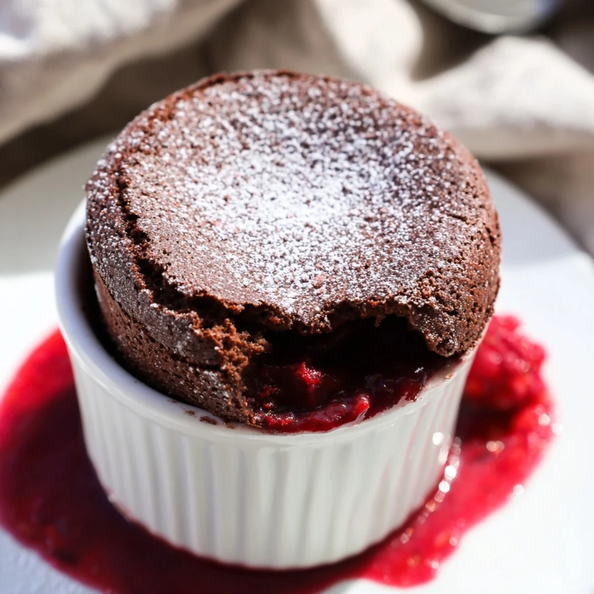 Gooey chocolate soufflé in a ramekin, topped with powdered sugar and a vibrant raspberry sauce drizzle.