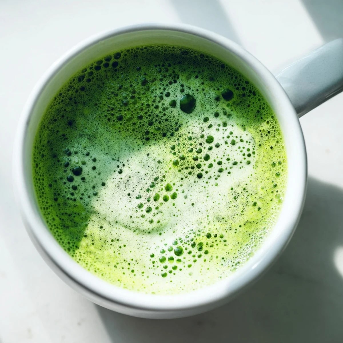 Vibrant green matcha latte with almond milk, topped with delicate foam in a minimalist white mug.