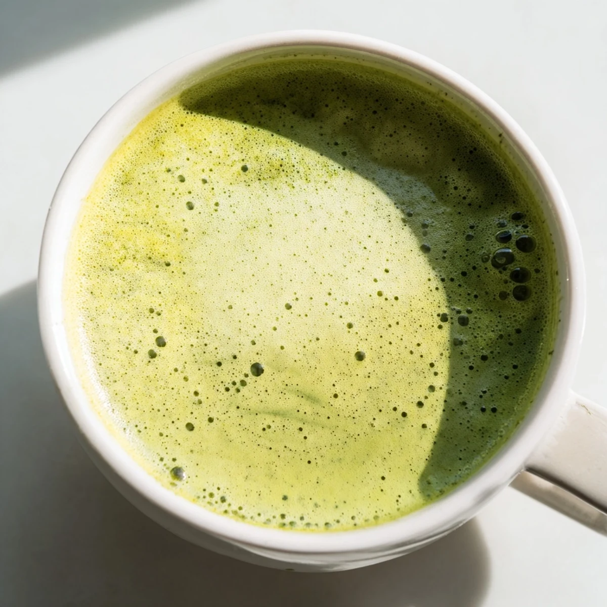 Whisked matcha latte with almond milk, featuring frothy texture and a light dusting of green powder.