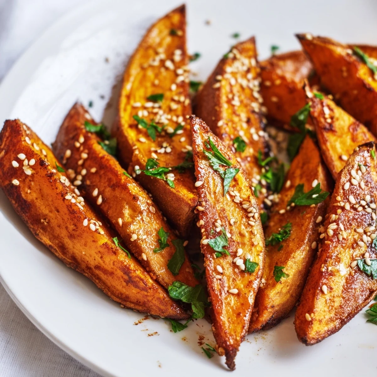Golden-brown roasted sweet potato wedges with cinnamon, fresh parsley, and sesame seeds on a rustic wooden platter.