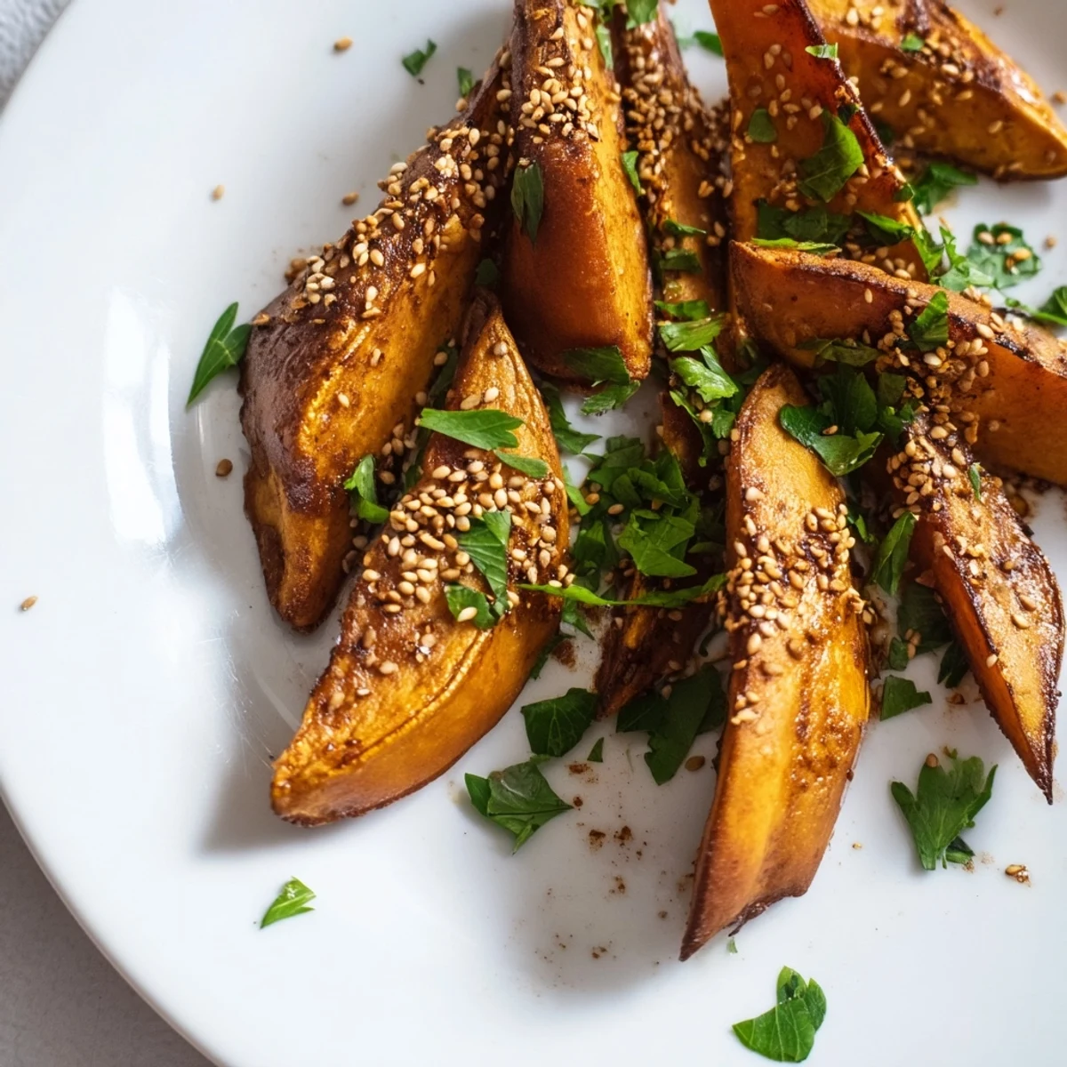 Savory roasted sweet potato wedges with cinnamon garnish, served hot as a healthy American side dish.