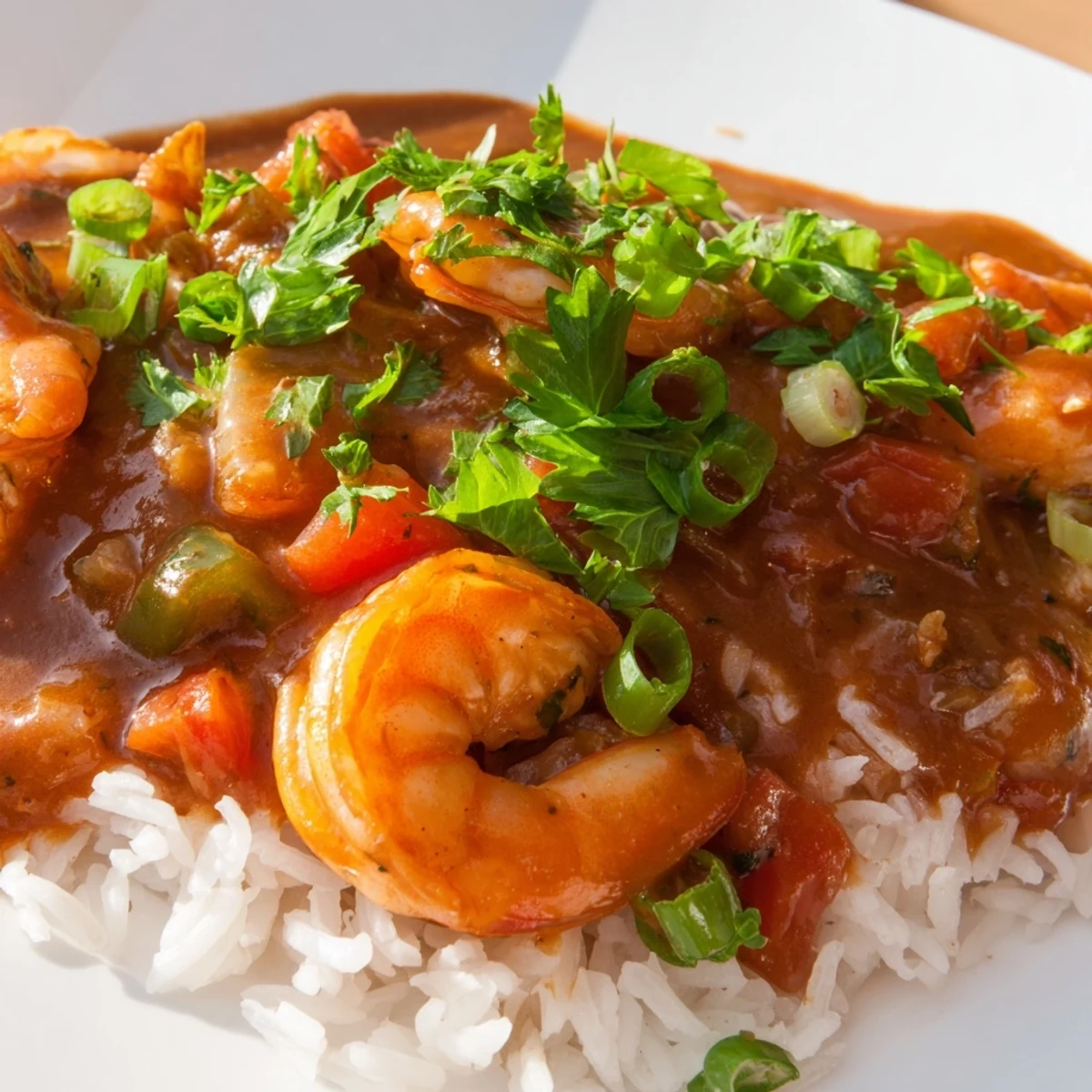 Tender shrimp simmer in a savory, spicy roux-based sauce, served alongside fluffy white rice for a classic Creole main dish.