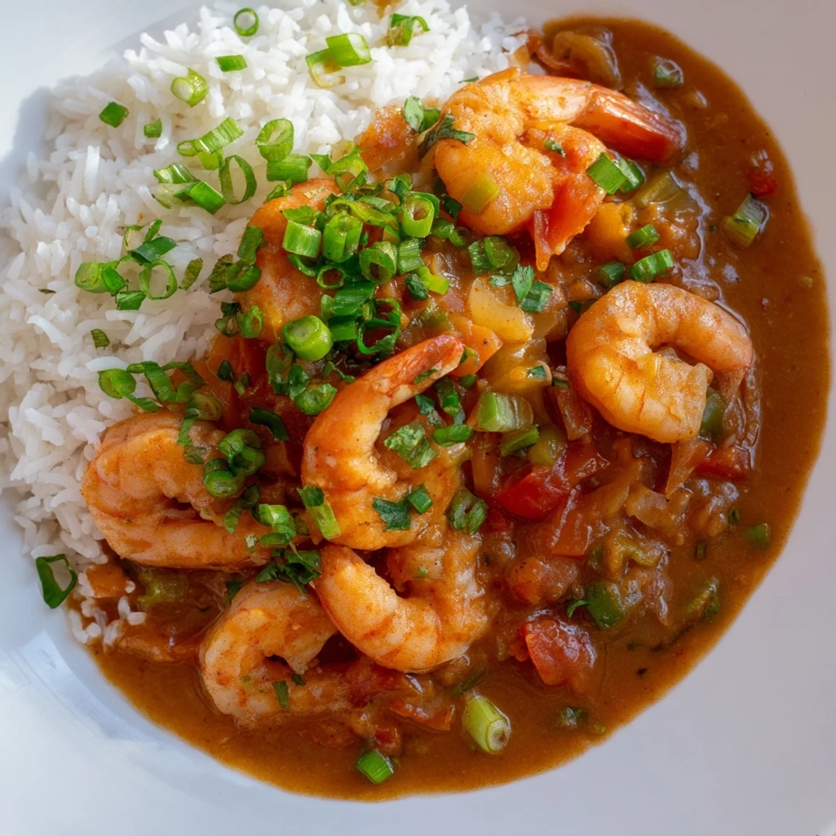 A vibrant bowl of Creole Shrimp Étouffée with Fluffy Rice, featuring plump pink shrimp in a rich, aromatic red sauce over steaming grains.