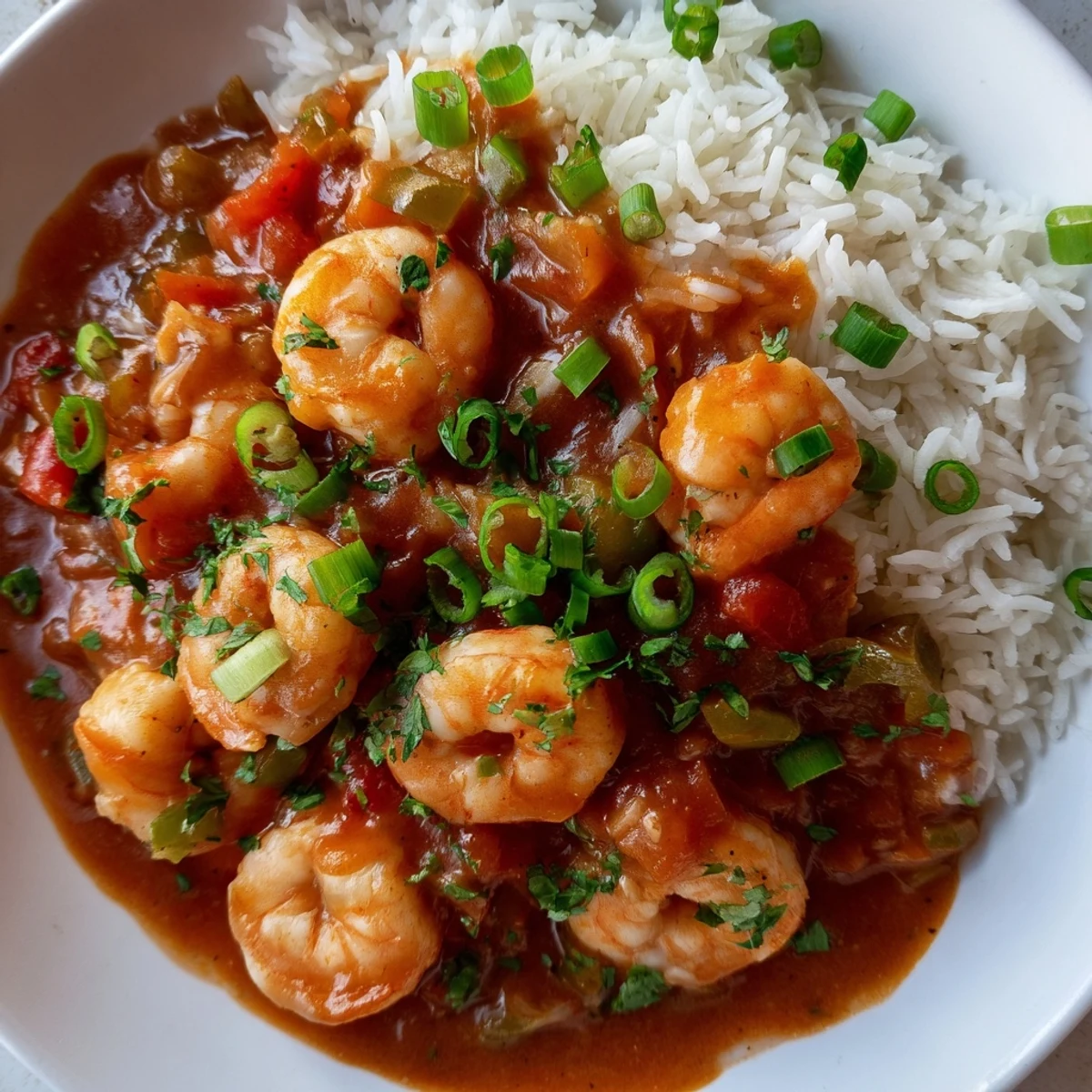 Hearty Creole Shrimp Étouffée with Fluffy Rice, garnished with fresh parsley and green onions, ready for a comforting Southern dinner.