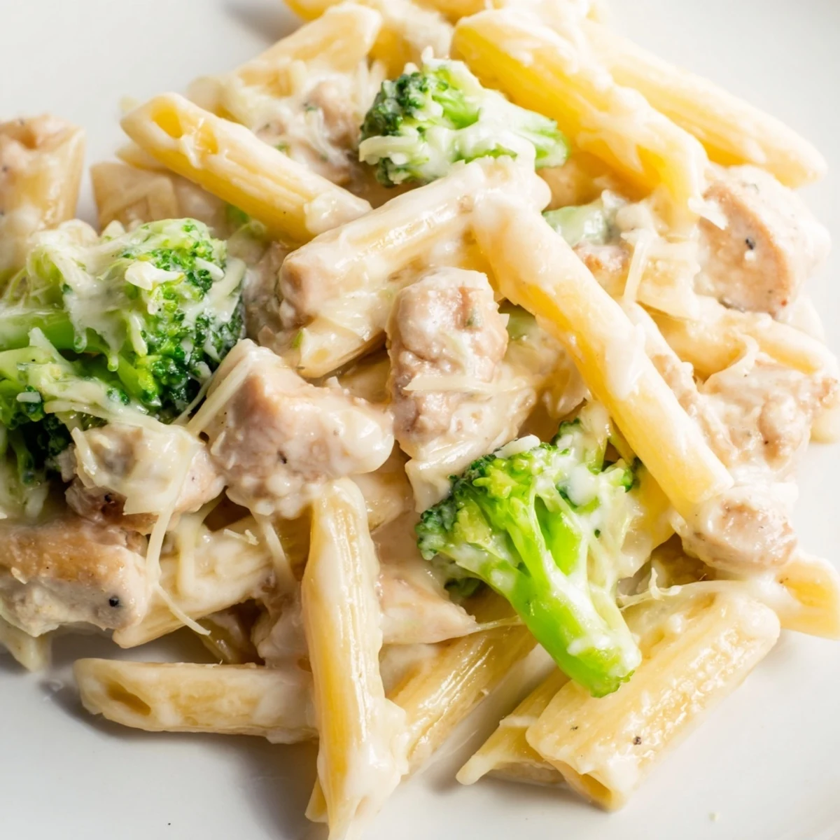 Gooey mozzarella and Parmesan melt over a golden-brown Chicken Alfredo Bake with Broccoli and Cheese, served hot from the oven.