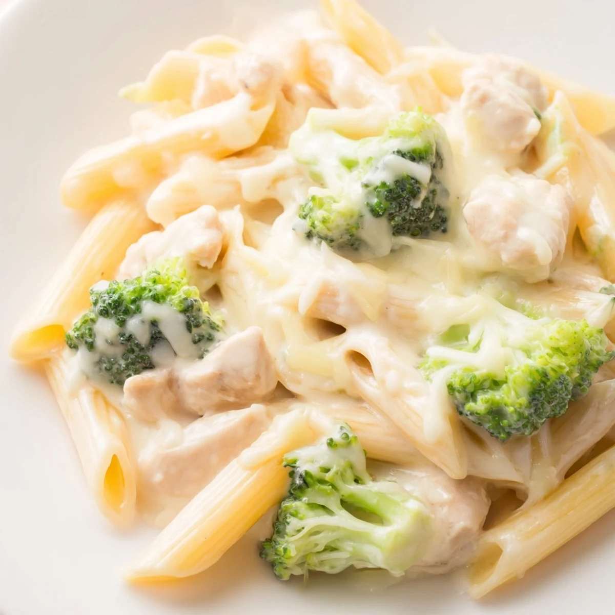 Sizzling and bubbly, the Chicken Alfredo Bake with Broccoli and Cheese features golden cheese and penne pasta on a rustic table.