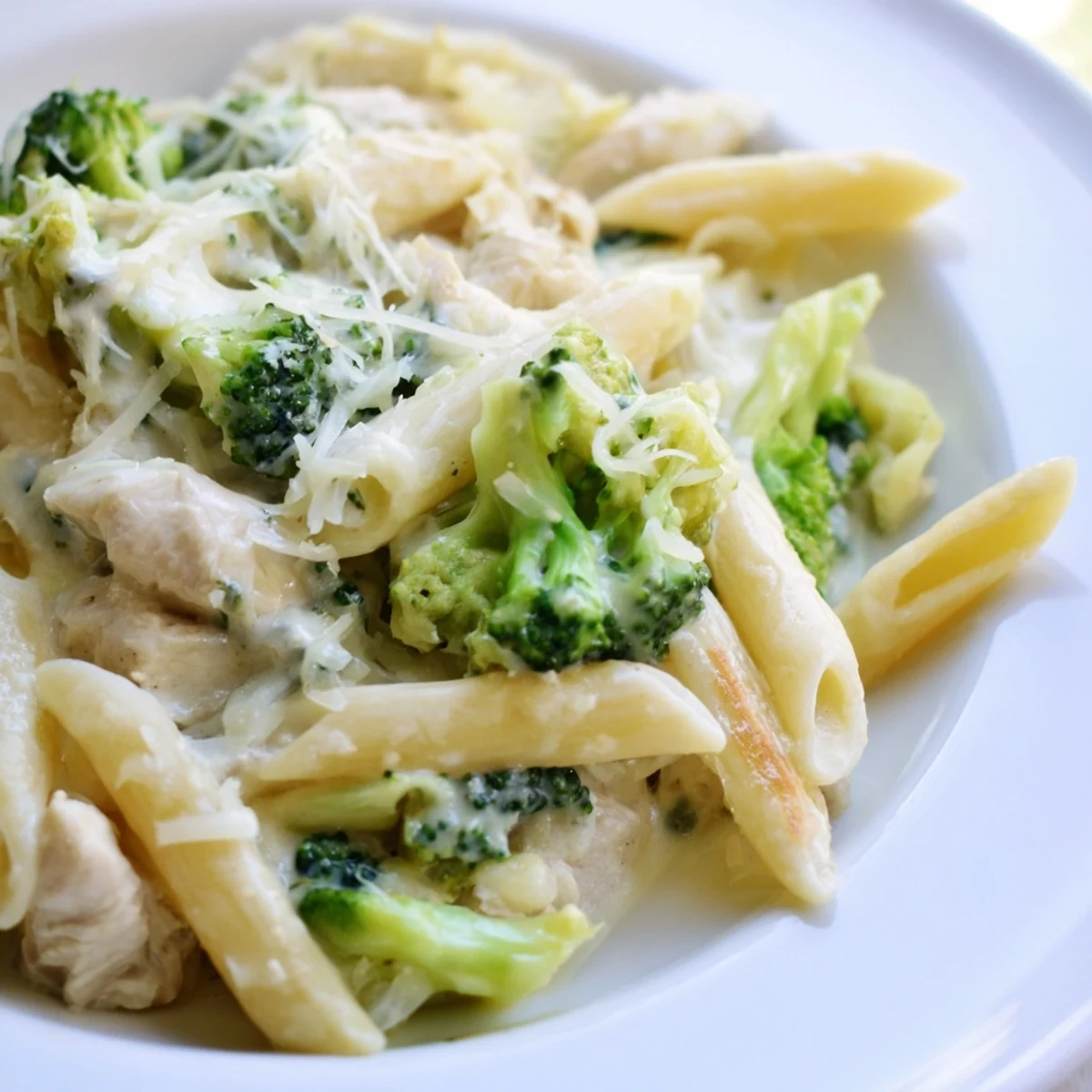 Tender chicken and bright green broccoli florets are tossed in creamy Alfredo sauce inside this cheesy baked pasta dish.