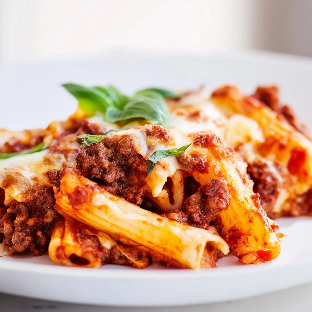 A close-up of Baked Ziti with Ground Beef and Mozzarella, showcasing bubbly cheese and hearty tomato sauce.
