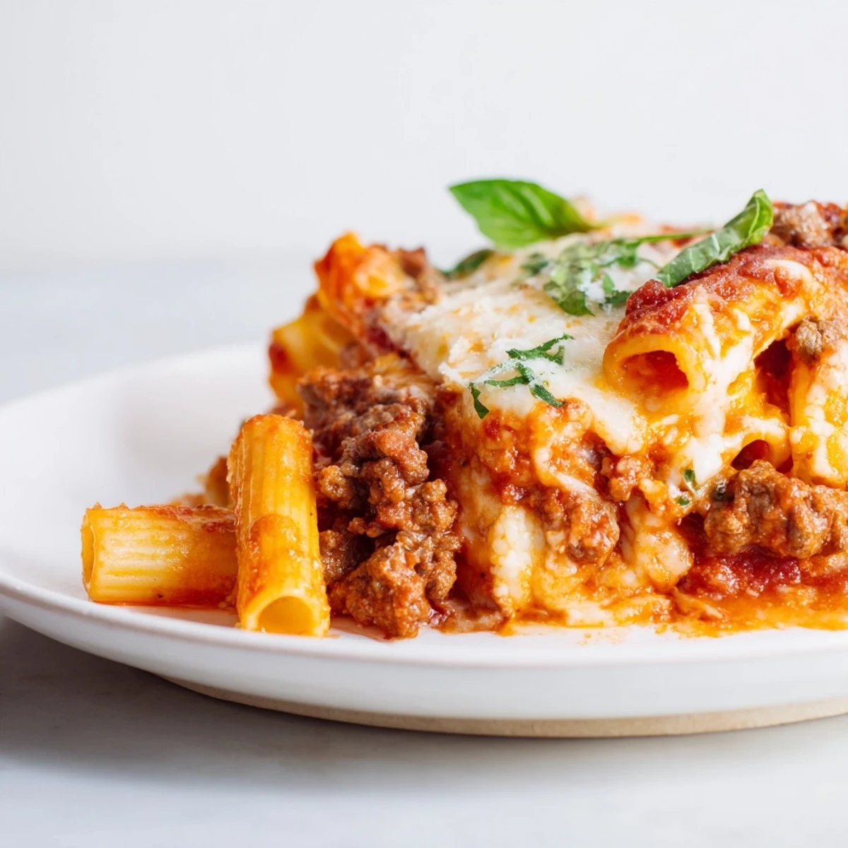 Golden baked ziti with ground beef and mozzarella, topped with fresh basil on a rustic wooden table.