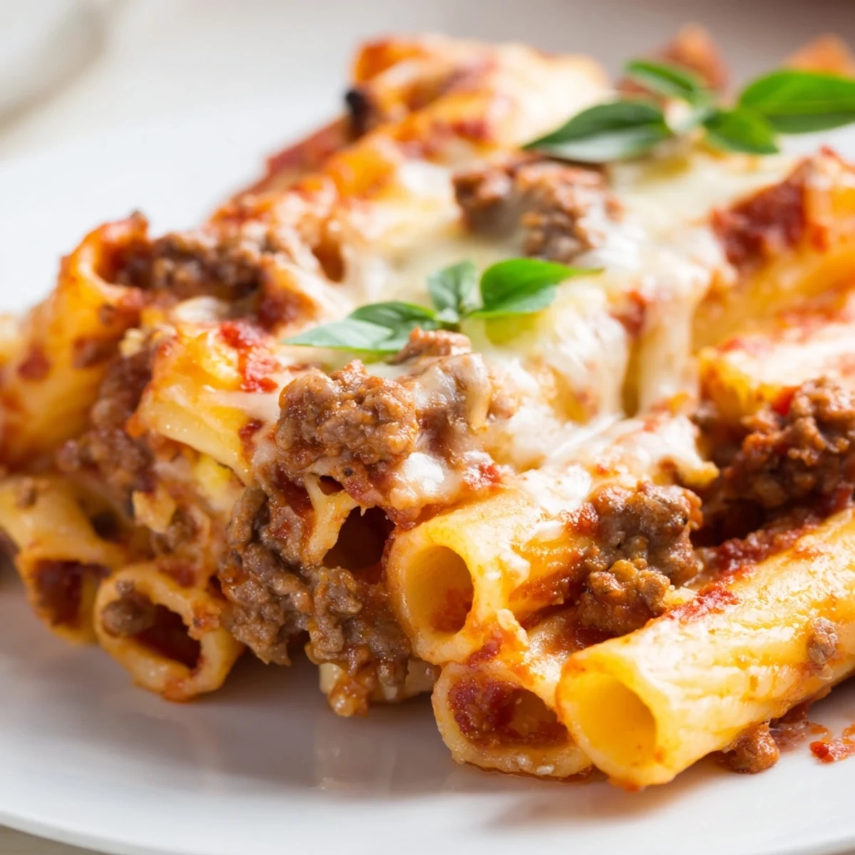 Serve this comforting Baked Ziti with Ground Beef and Mozzarella for a warm family dinner.