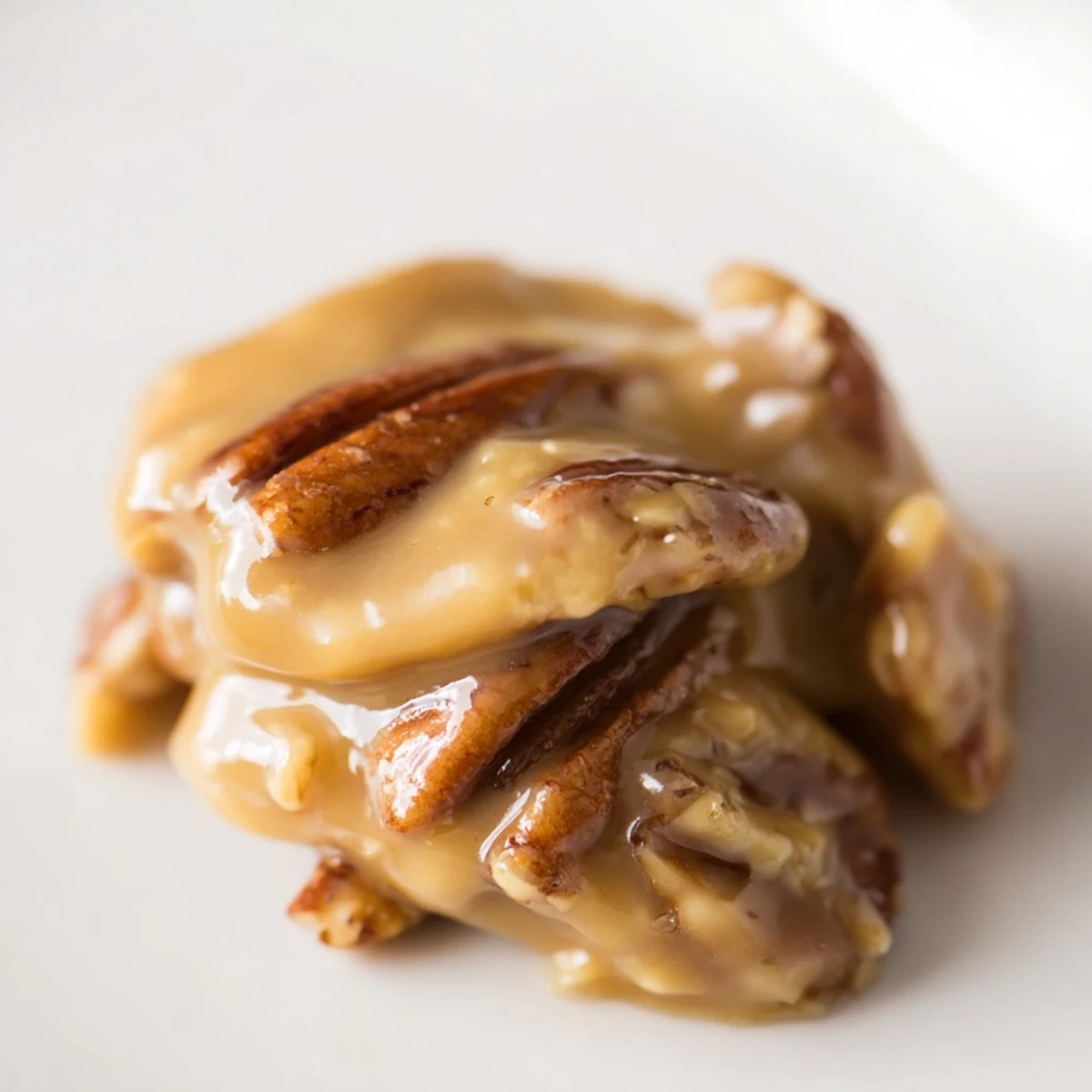 A close-up of a Mardi Gras Pecan Praline, highlighting its glossy, caramelized surface and rich brown sugar and vanilla aroma.
