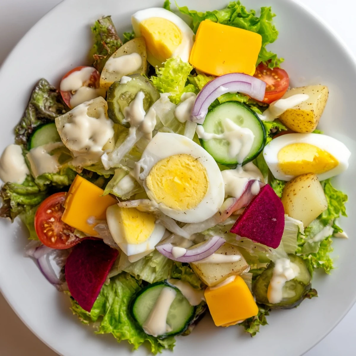 Fresh, crisp Irish Pub Salad with hard-boiled eggs, sharp cheddar, tangy pickles, and pickled beets on a platter.