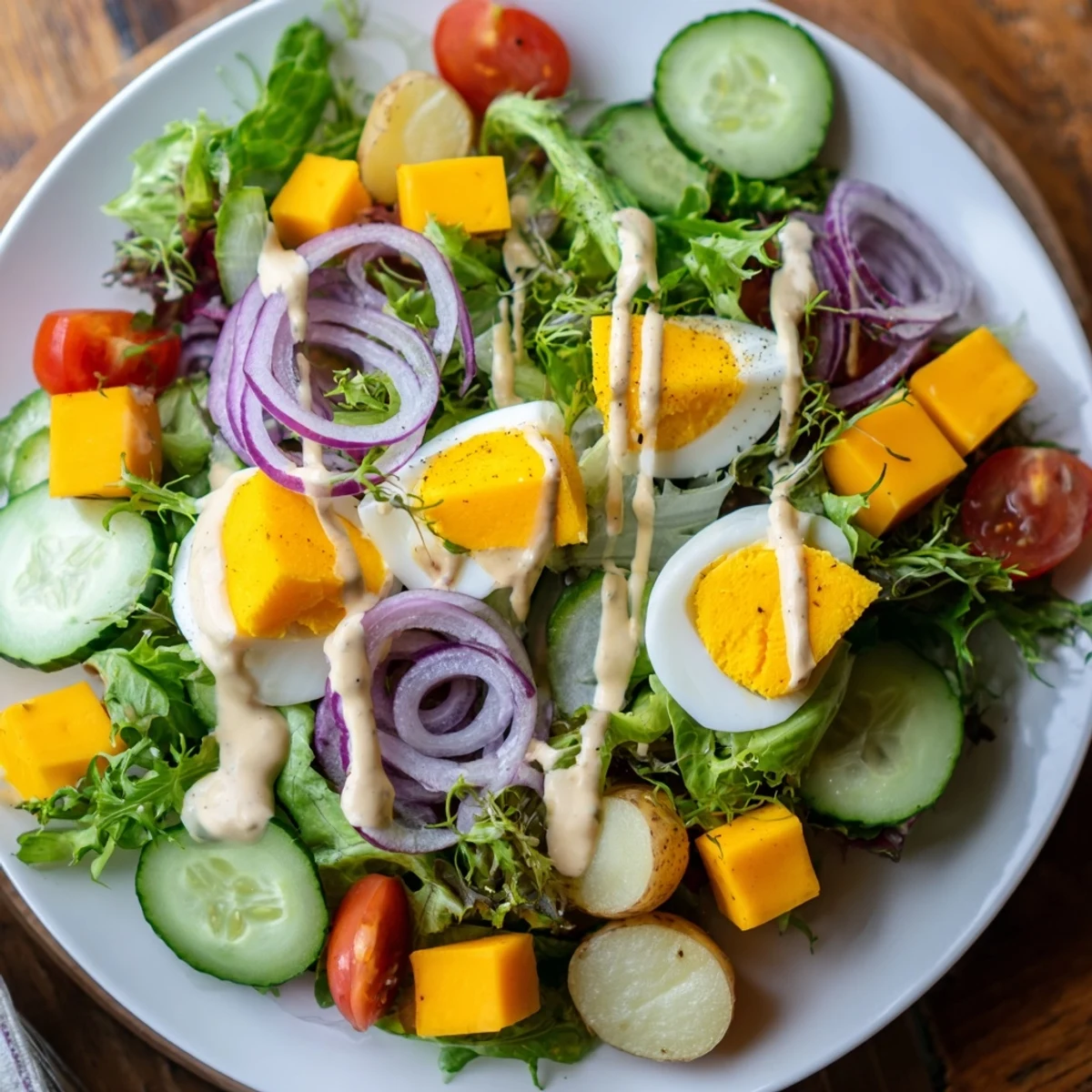 A hearty Irish Pub Salad with halved hard-boiled eggs, cubed cheddar, cherry tomatoes, cucumber, and creamy dressing.