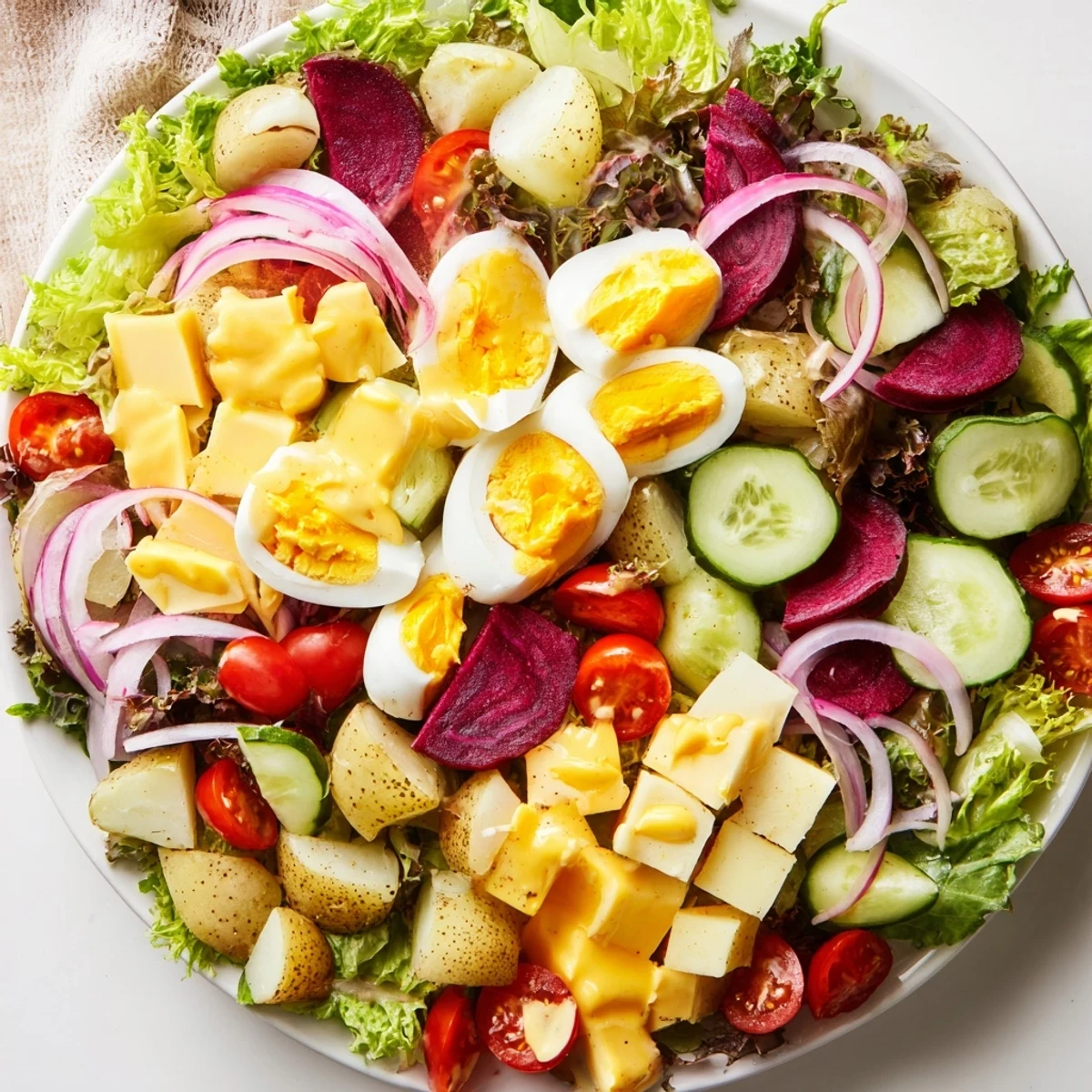 Vibrant Irish Pub Salad served on a white plate with eggs, pickles, beets, and potatoes, drizzled with dressing.