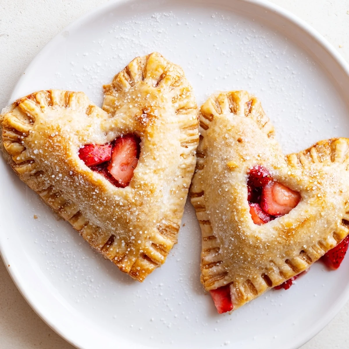Flaky, golden-brown Heart Shaped Strawberry Hand Pies cooling on a wire rack, their sugar-crusted tops glistening.  