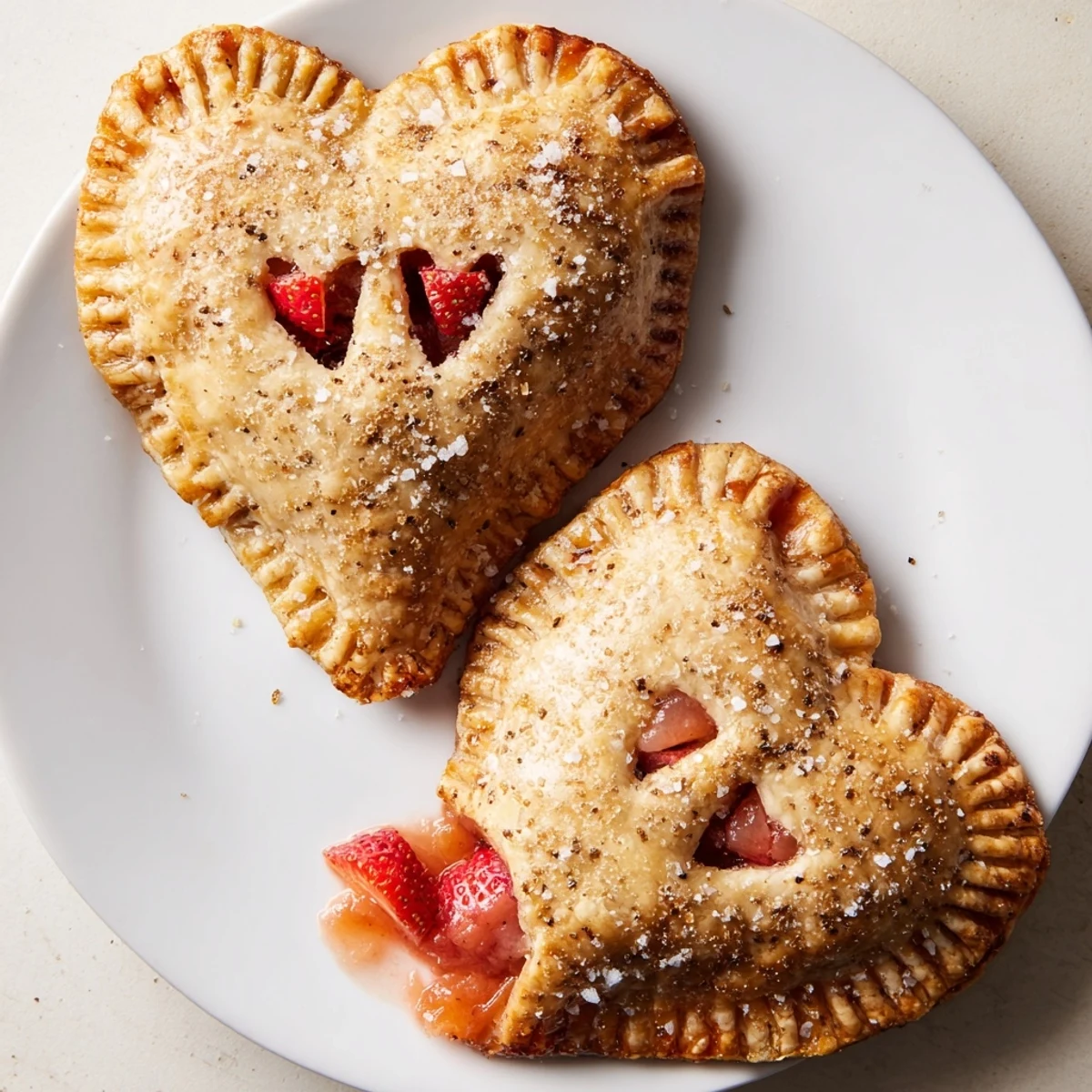 A close-up of two Heart Shaped Strawberry Hand Pies with bubbling red strawberry jam peeking from the crimped edges.  