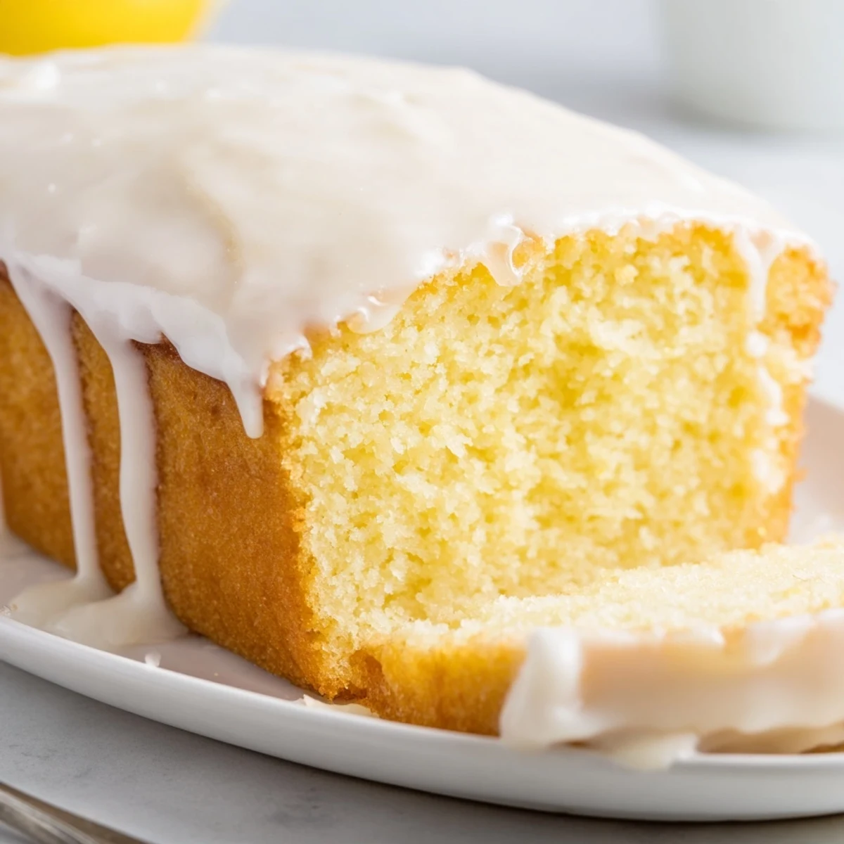 Golden Lemon Loaf Cake drizzled with sweet, tangy icing on a rustic kitchen counter.