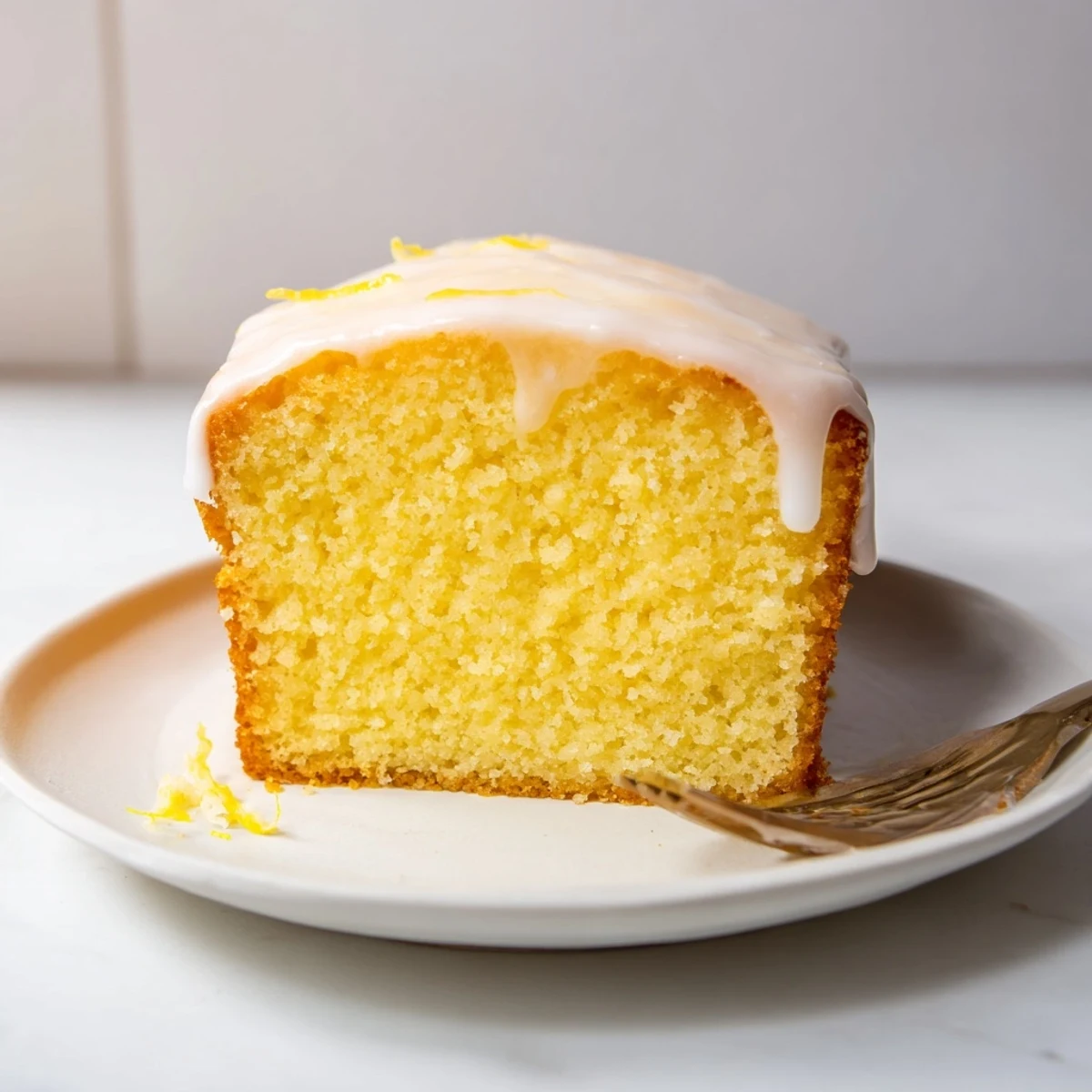 Fresh Lemon Loaf Cake with glossy white icing, ready to serve as a bright dessert.