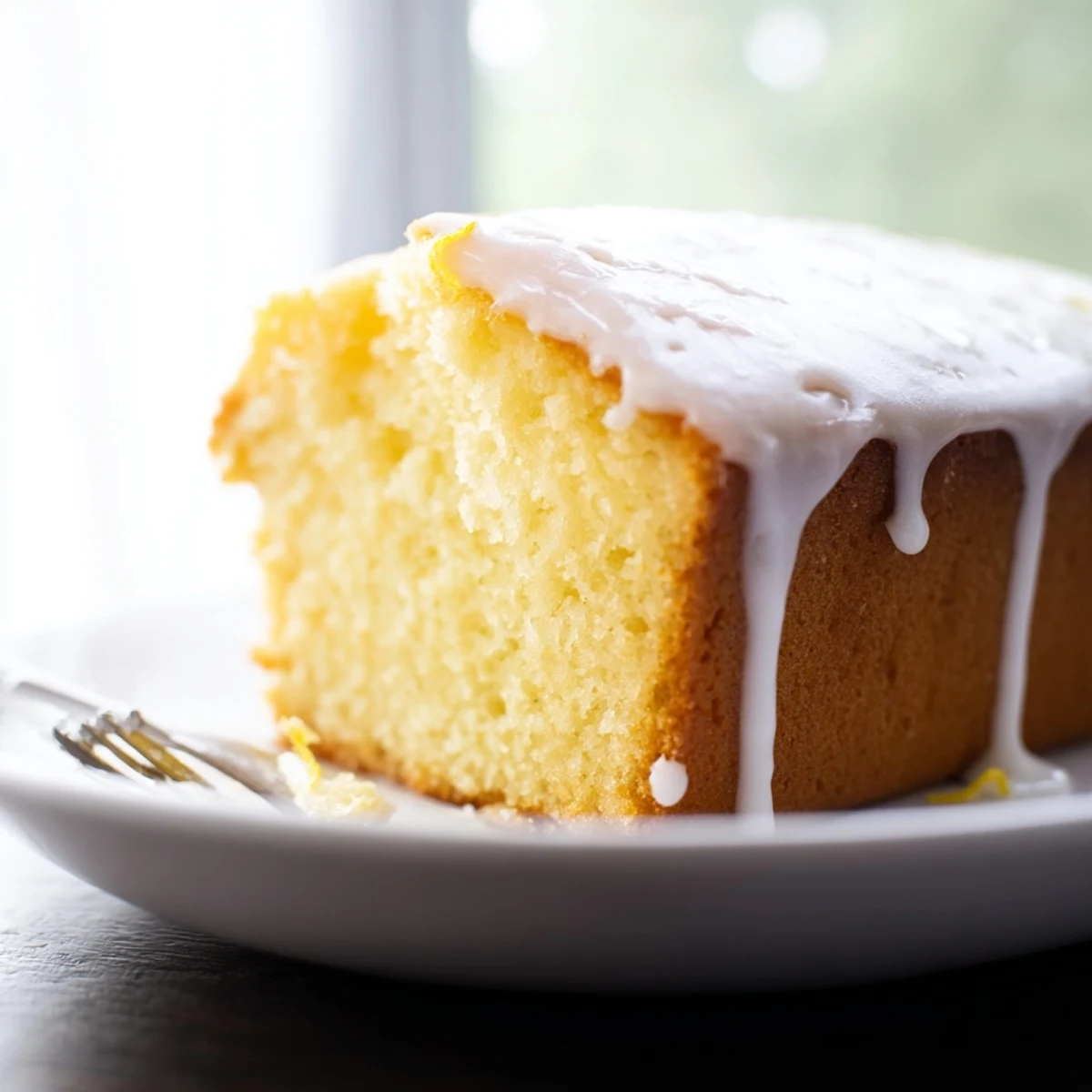 Sliced Lemon Loaf Cake revealing a moist, zesty crumb beside a steaming cup of tea.