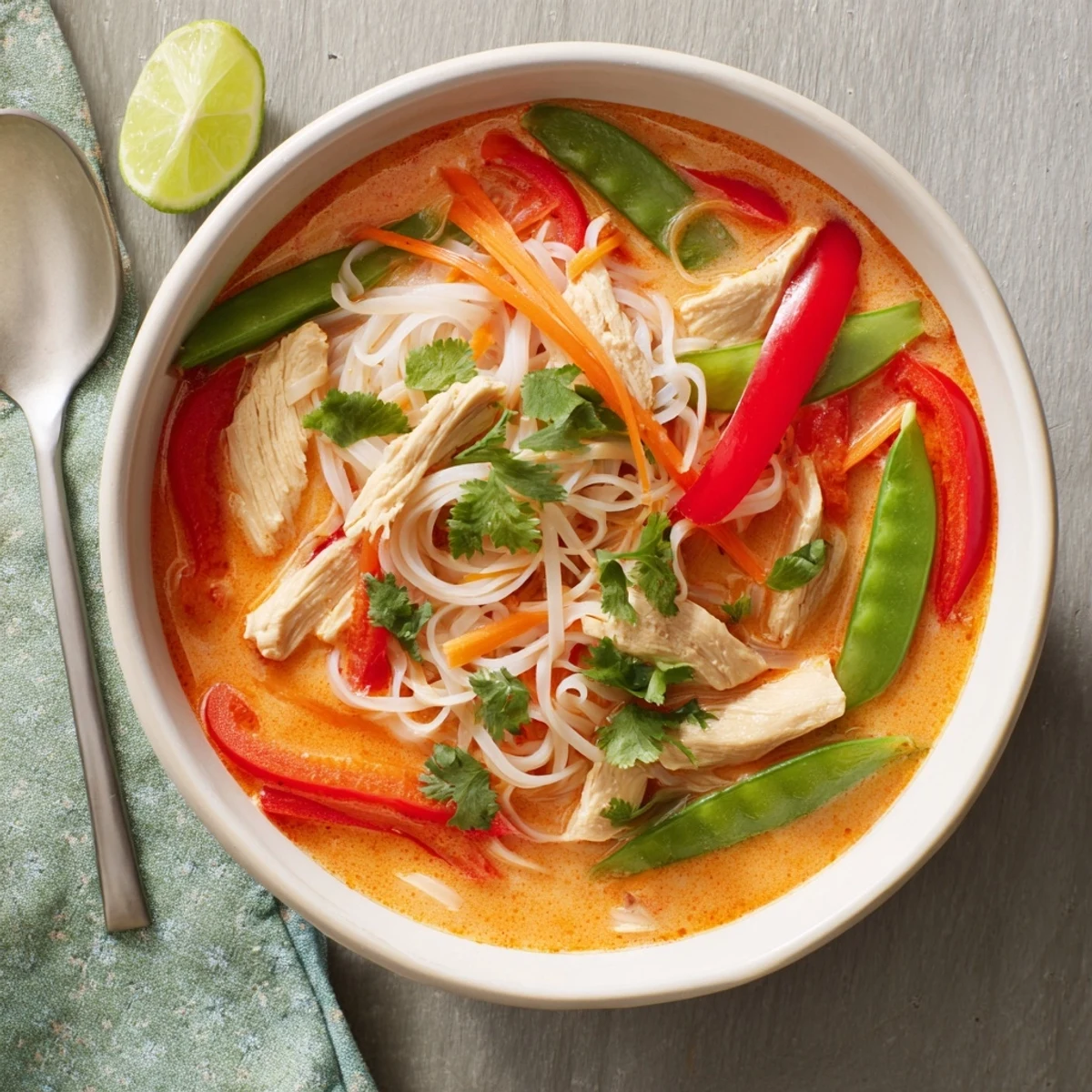 A vibrant bowl of Thai Red Curry Noodle Soup with Chicken, featuring tender meat and colorful vegetables in creamy coconut broth.  