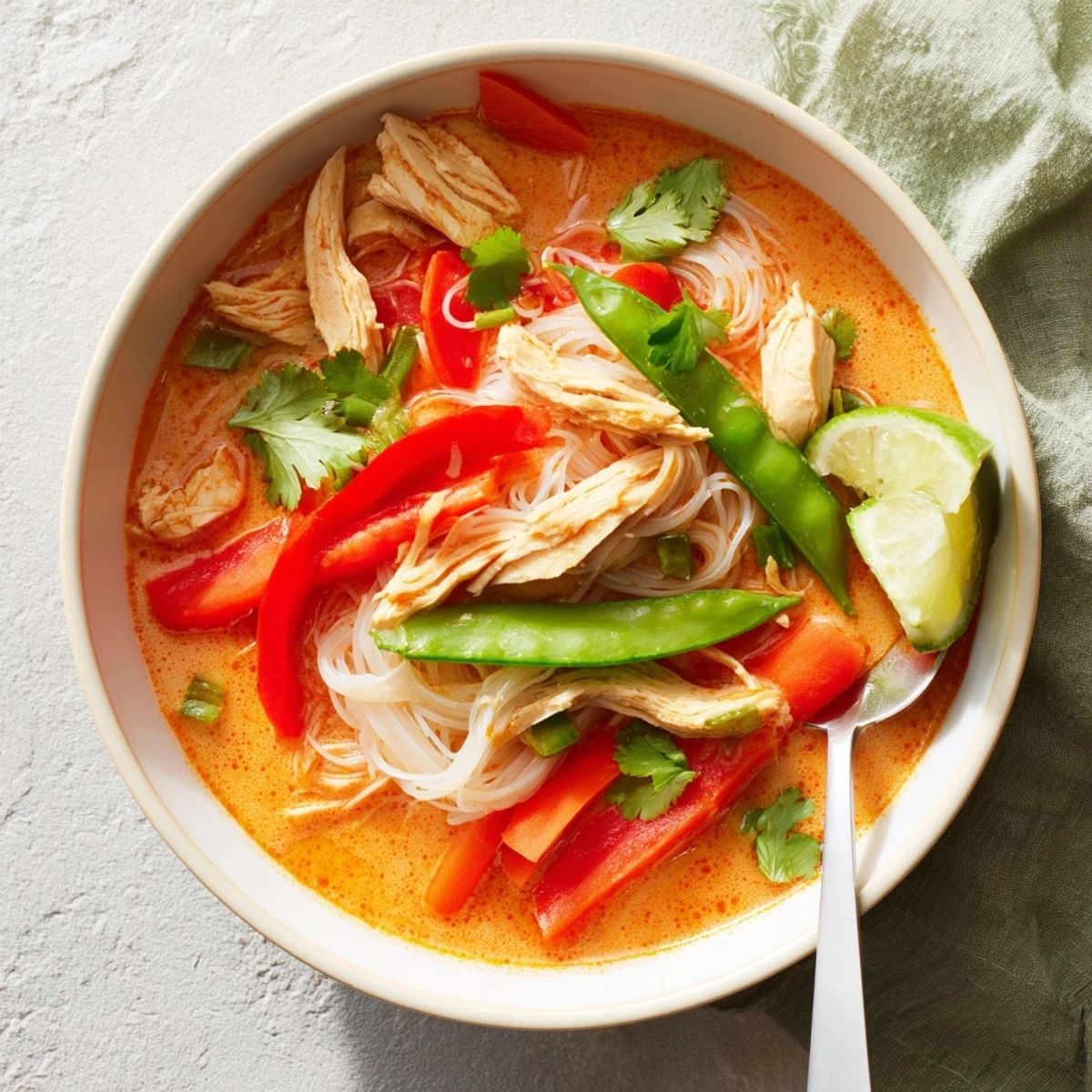 Thai Red Curry Noodle Soup with Chicken served in a rustic bowl, garnished with fresh cilantro and lime wedges for brightness.  