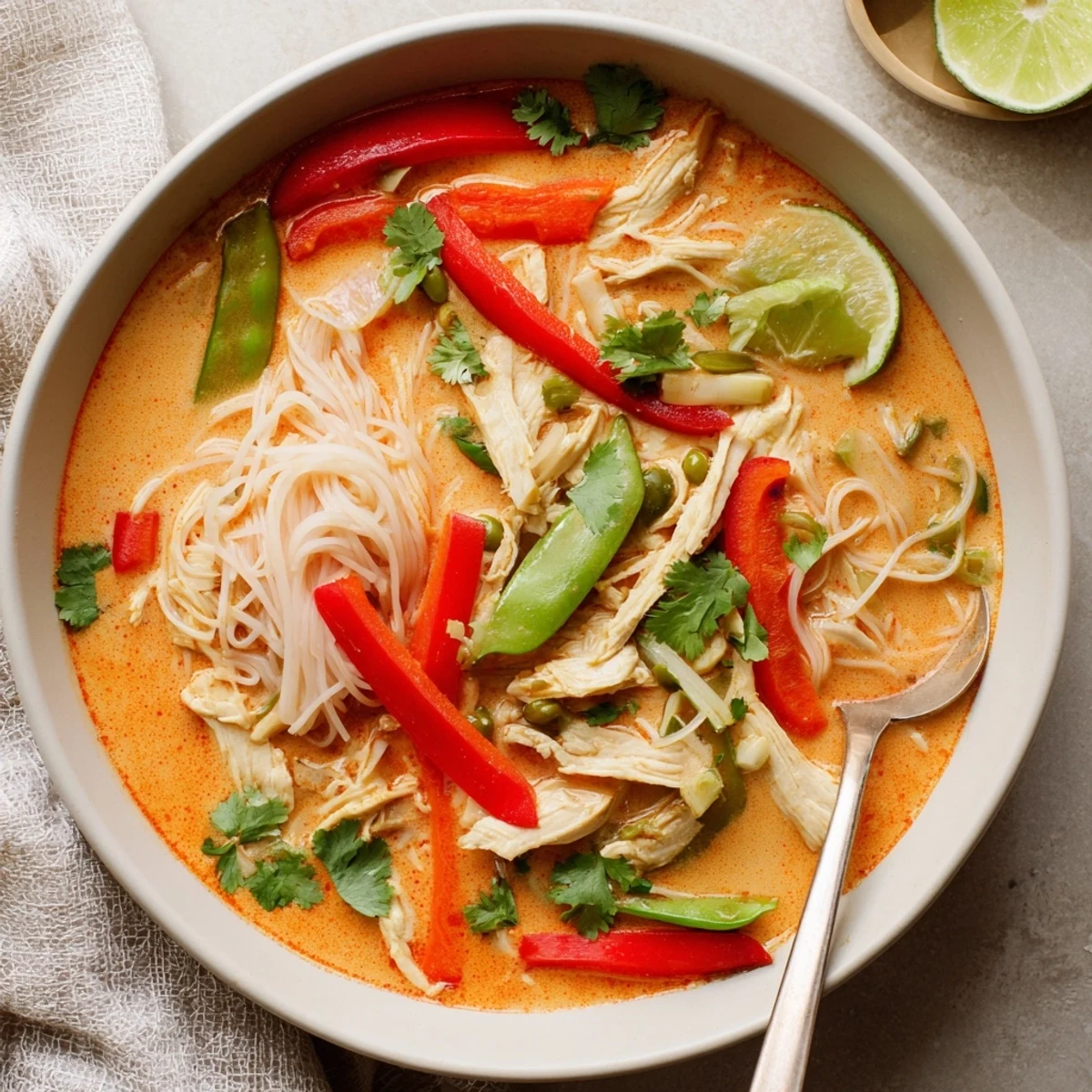 Steaming Thai Red Curry Noodle Soup with Chicken reveals tender noodles, crisp veggies, and a rich, spicy red curry coconut broth.