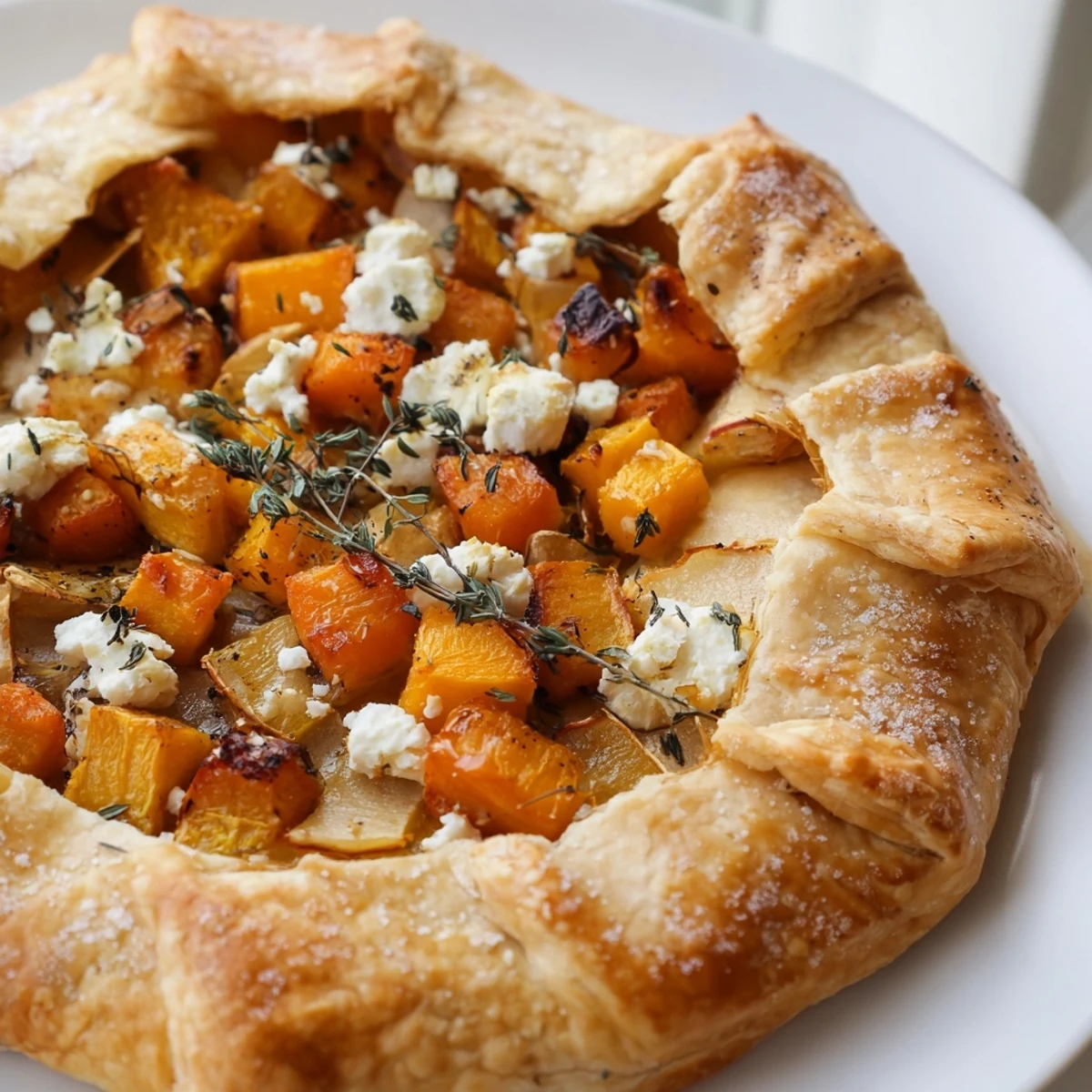 A golden, rustic Roasted Butternut Squash and Apple Galette with caramelized vegetables and herbs on a flaky pastry crust.  