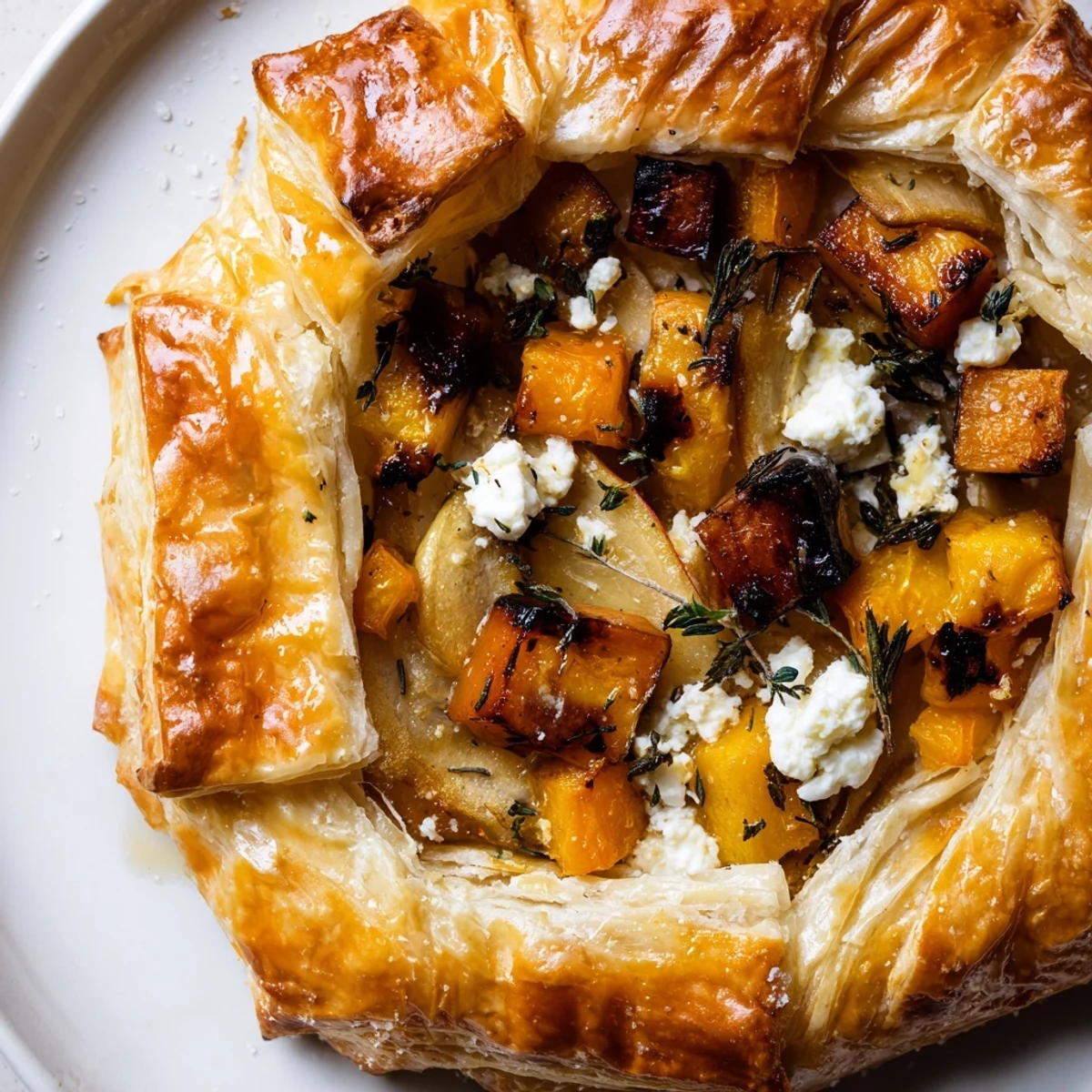 Fresh thyme and goat cheese garnish this savory-sweet Roasted Butternut Squash and Apple Galette served on a wooden board.  