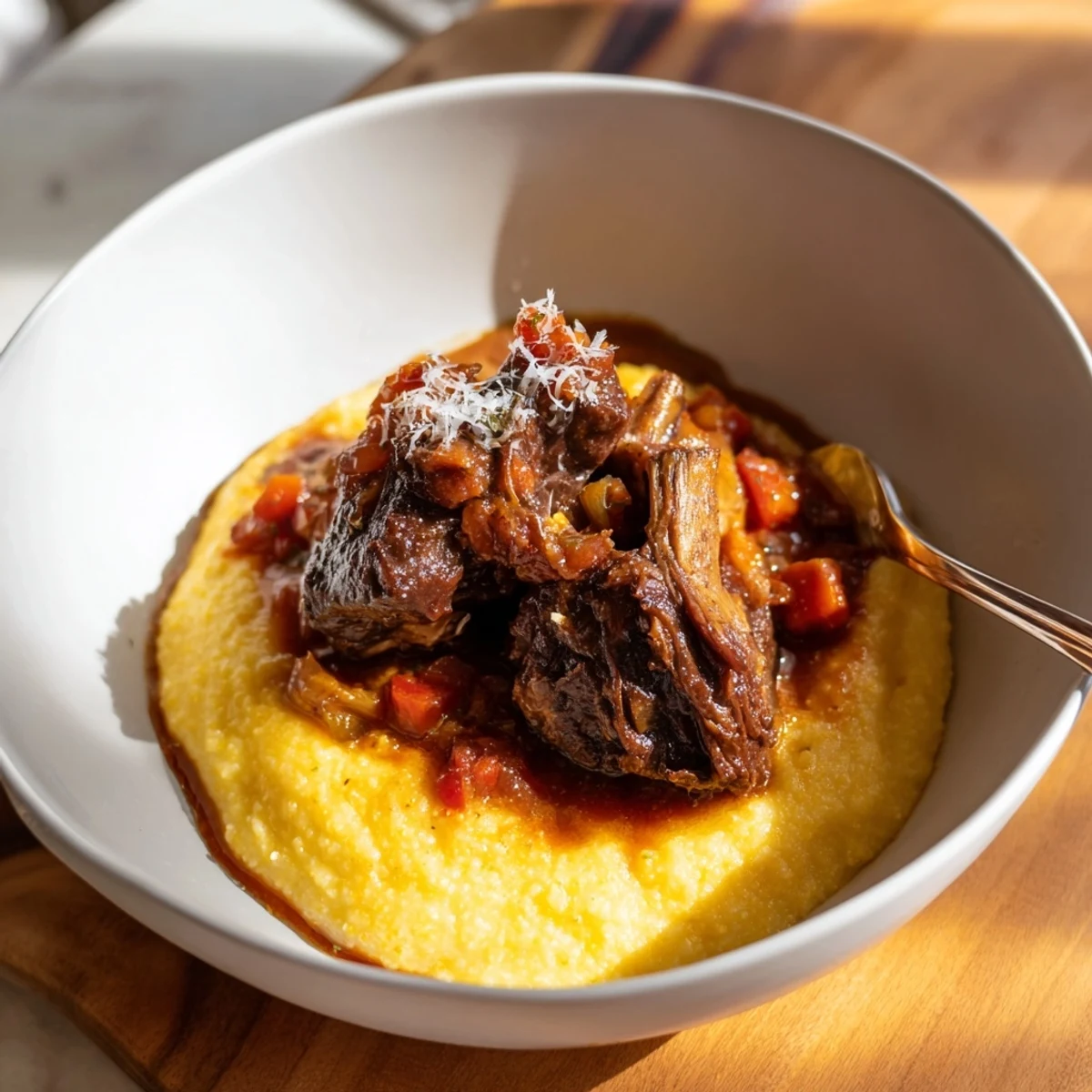 Tender beef short ribs braised in red wine sauce are spooned over creamy polenta in this comforting Italian main dish.  