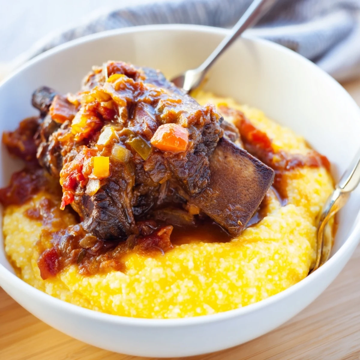 A close-up shows juicy short ribs glistening with rich sauce alongside buttery, cheesy polenta in a warm bowl.  